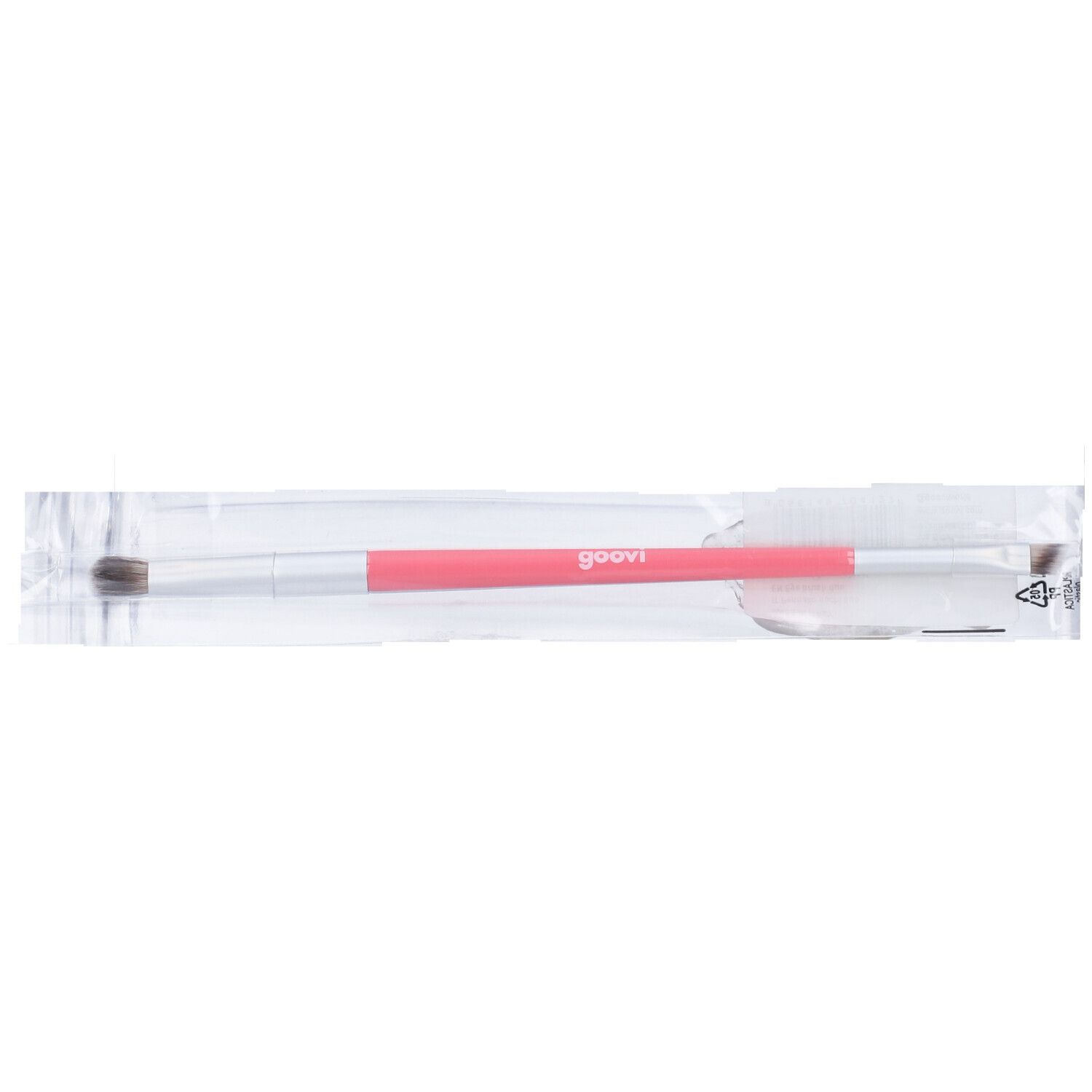 Pennello doppio per ombretto in confezione. Manico rosa, ghiera argento, due testine. Logo Goovi.