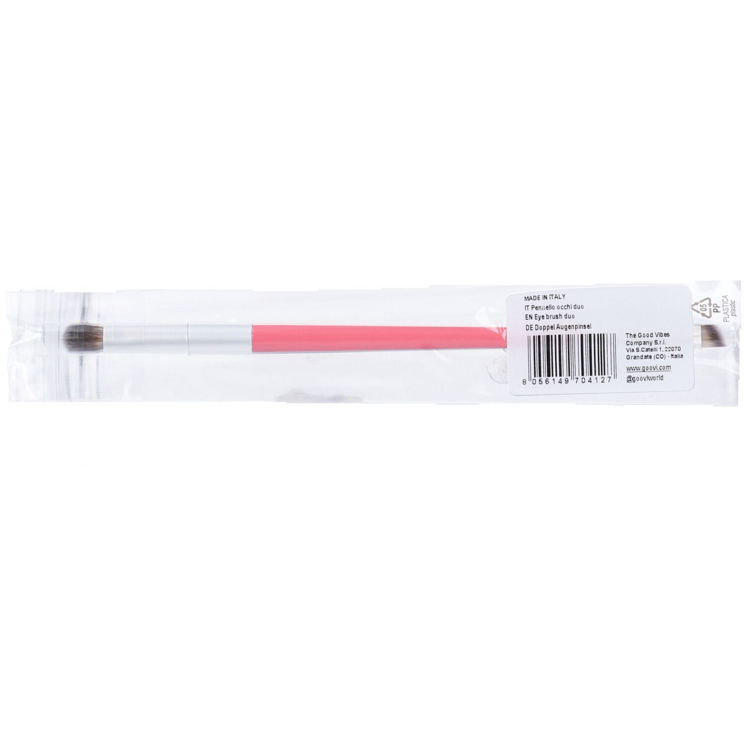 Pennello doppio per ombretto in confezione. Manico rosa, ghiera argento, due testine. Codice a barre e testo.