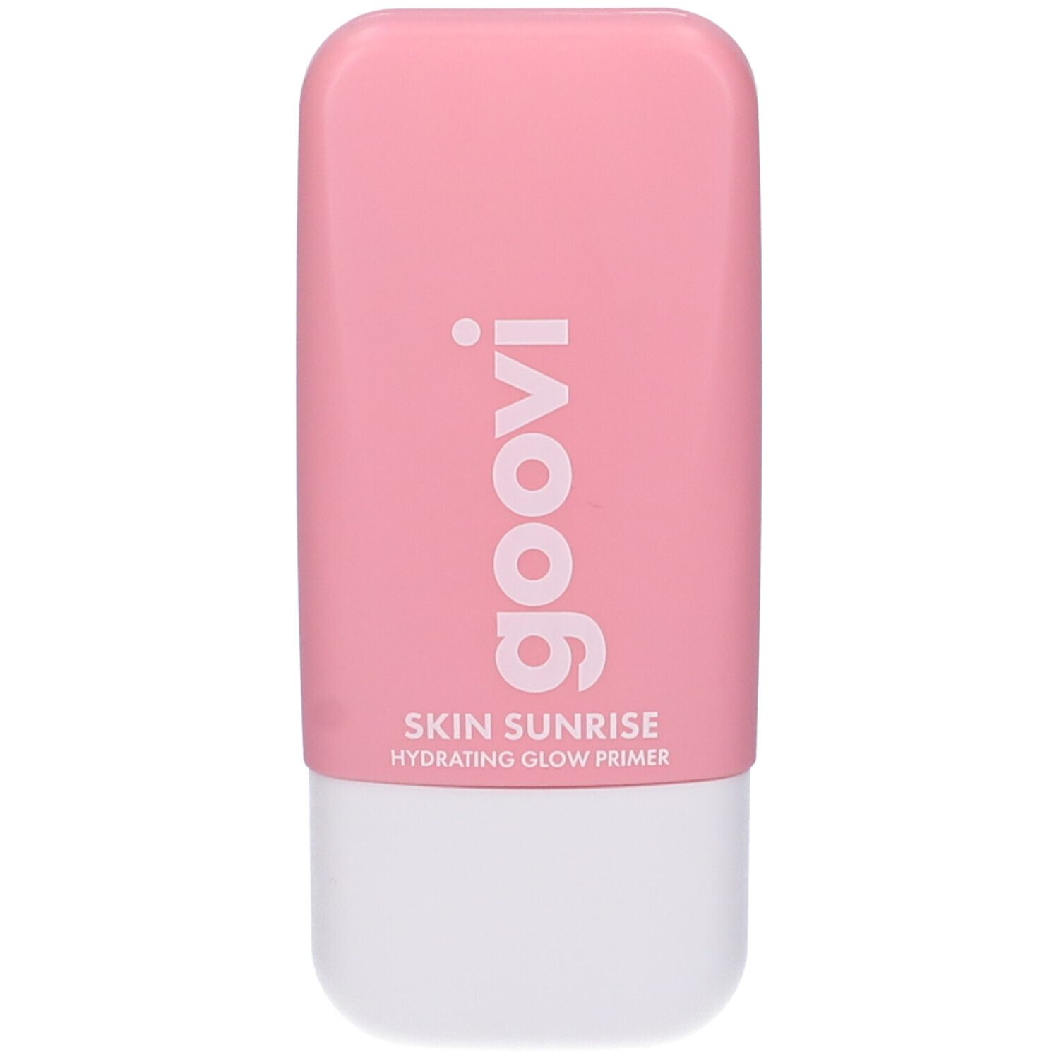Flacone rosa e bianco con logo Goovi e scritta Skin Sunrise Hydrating Glow Primer.