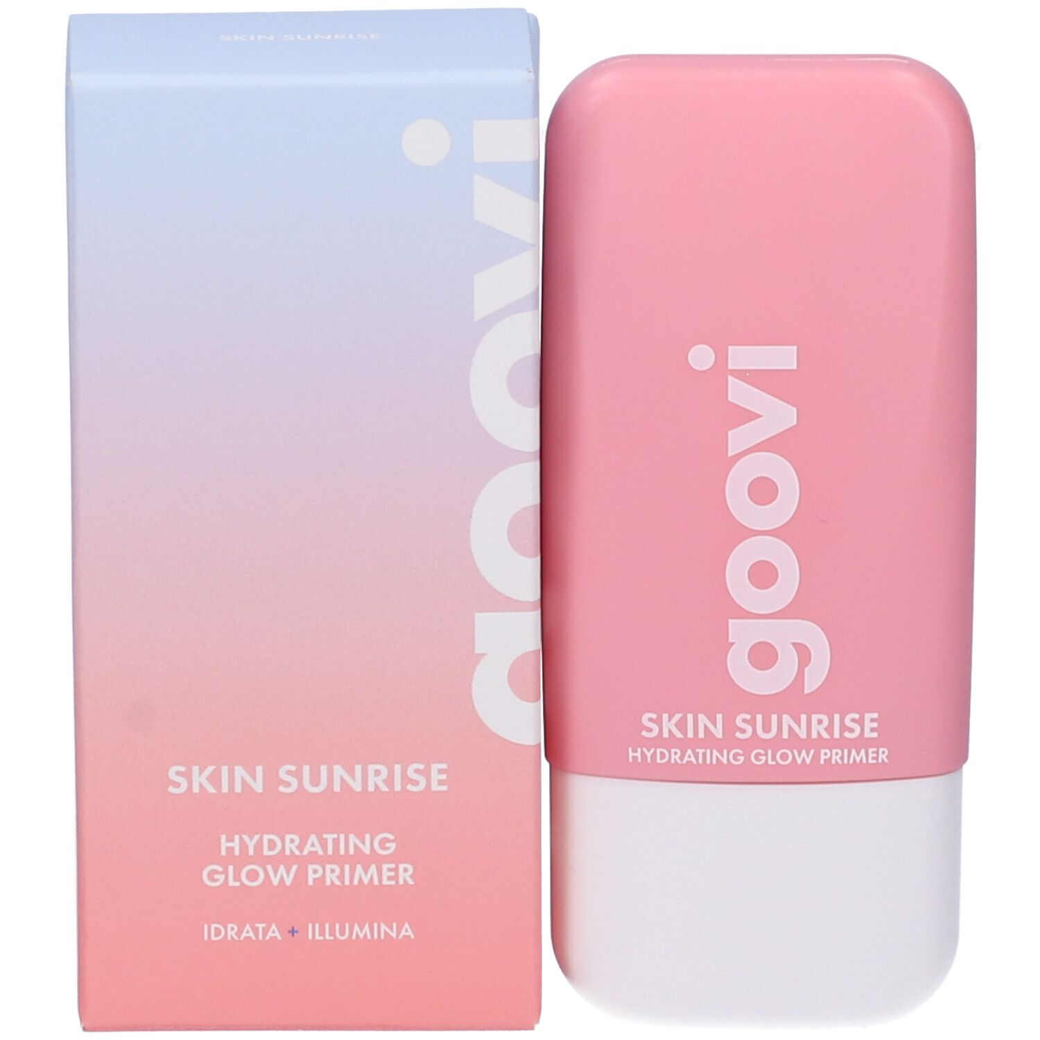 Prodotto e confezione. Flacone rosa e bianco e scatola con logo Goovi e testo Skin Sunrise.