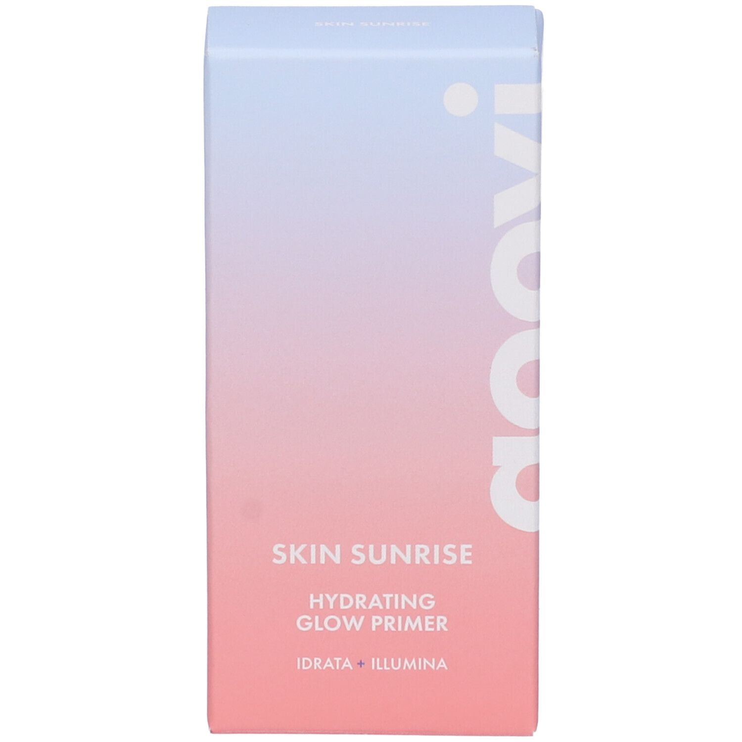 Scatola con sfumatura blu-rosa. Testo: Skin Sunrise, Hydrating Glow Primer, logo Goovi.