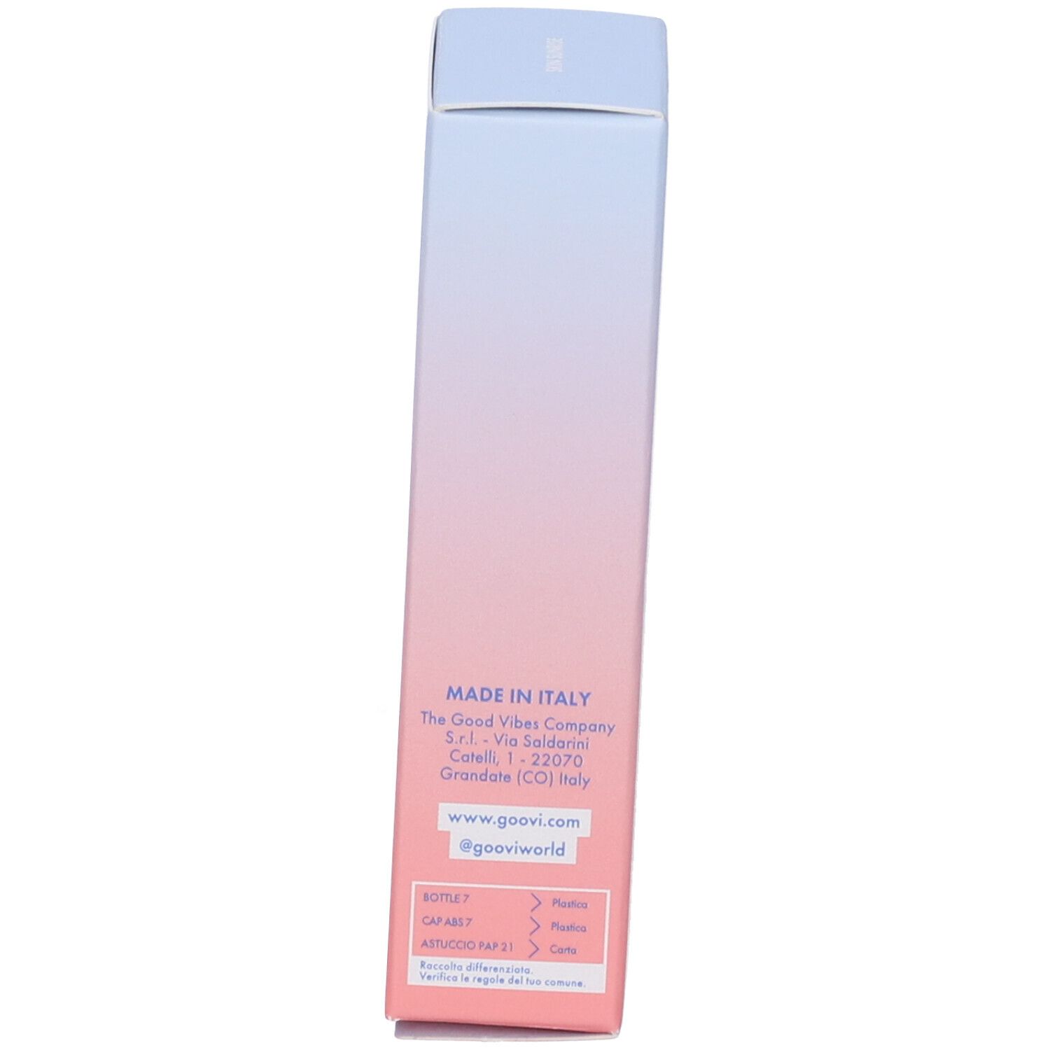 Scatola con sfumatura blu-rosa. Testo: Made in Italy, sito web Goovi, informazioni sullo smaltimento.