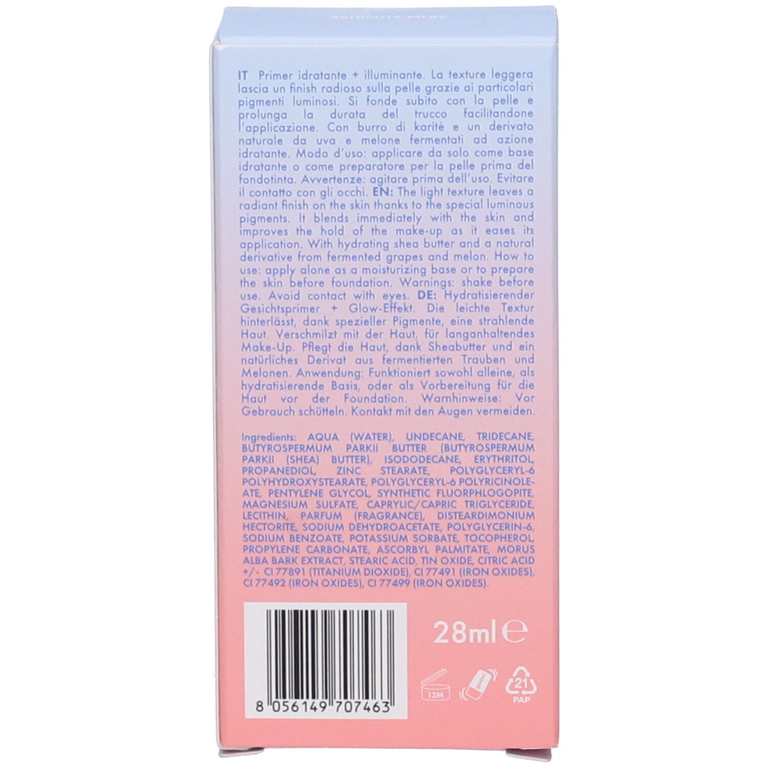 Retro della scatola. Testo: ingredienti, 28ml, descrizione del prodotto in italiano e tedesco.
