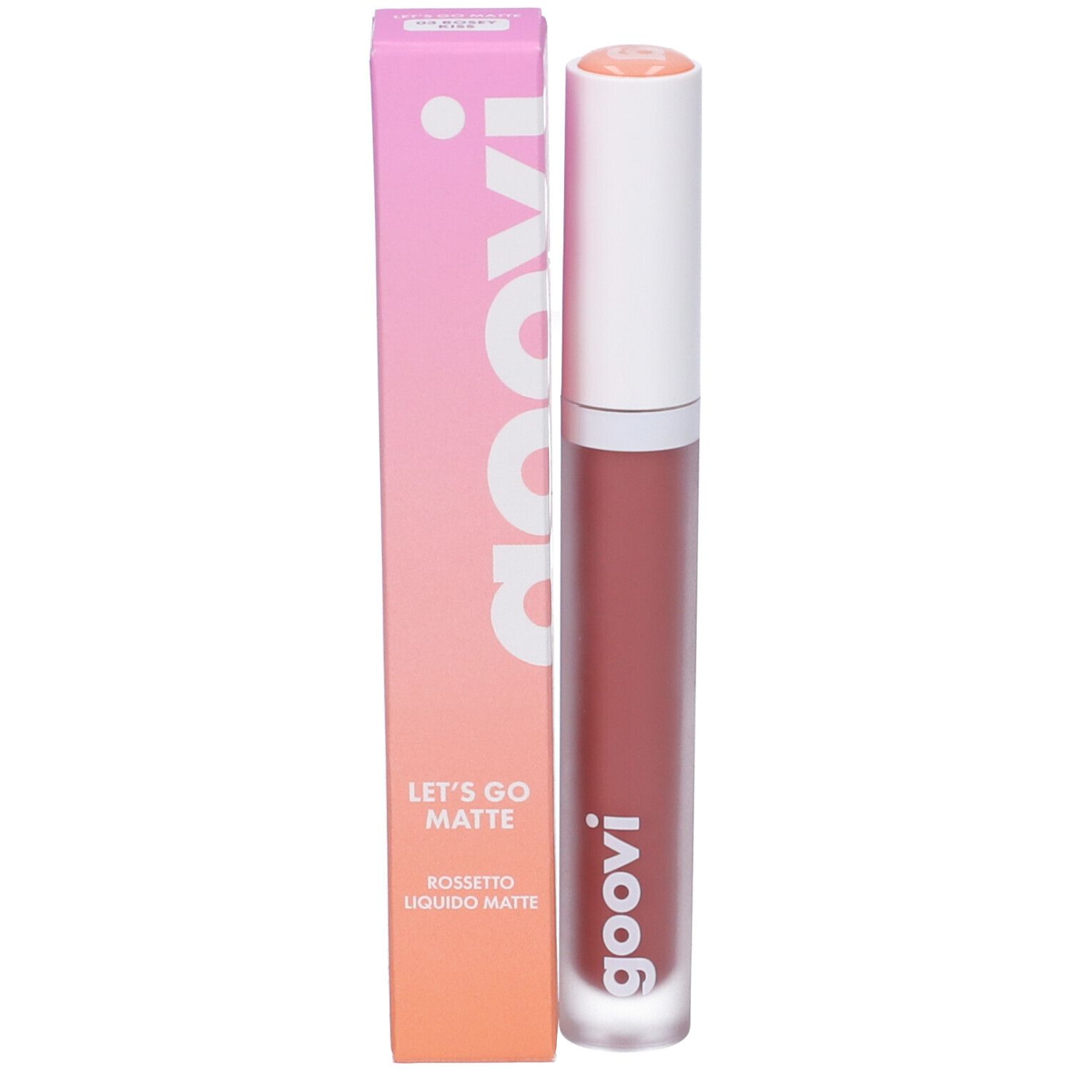 Rossetto con confezione. Sulla confezione si legge "goovi", "Let's Go Matte" e "Rossetto Liquido Matte".