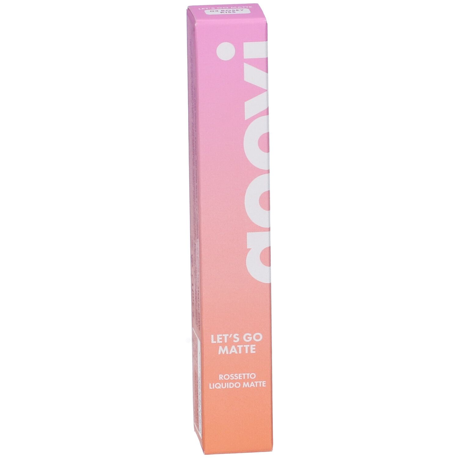 Confezione di rossetto. Sulla confezione si legge "goovi", "Let's Go Matte" e "Rossetto Liquido Matte".