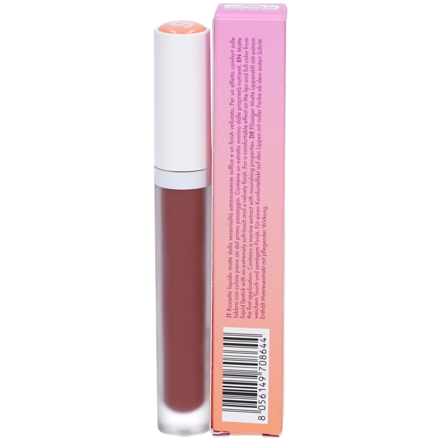 Matte flüssiger Lippenstift in einem durchsichtigen Behälter mit weißem Deckel und einem rosafarbenen Karton.