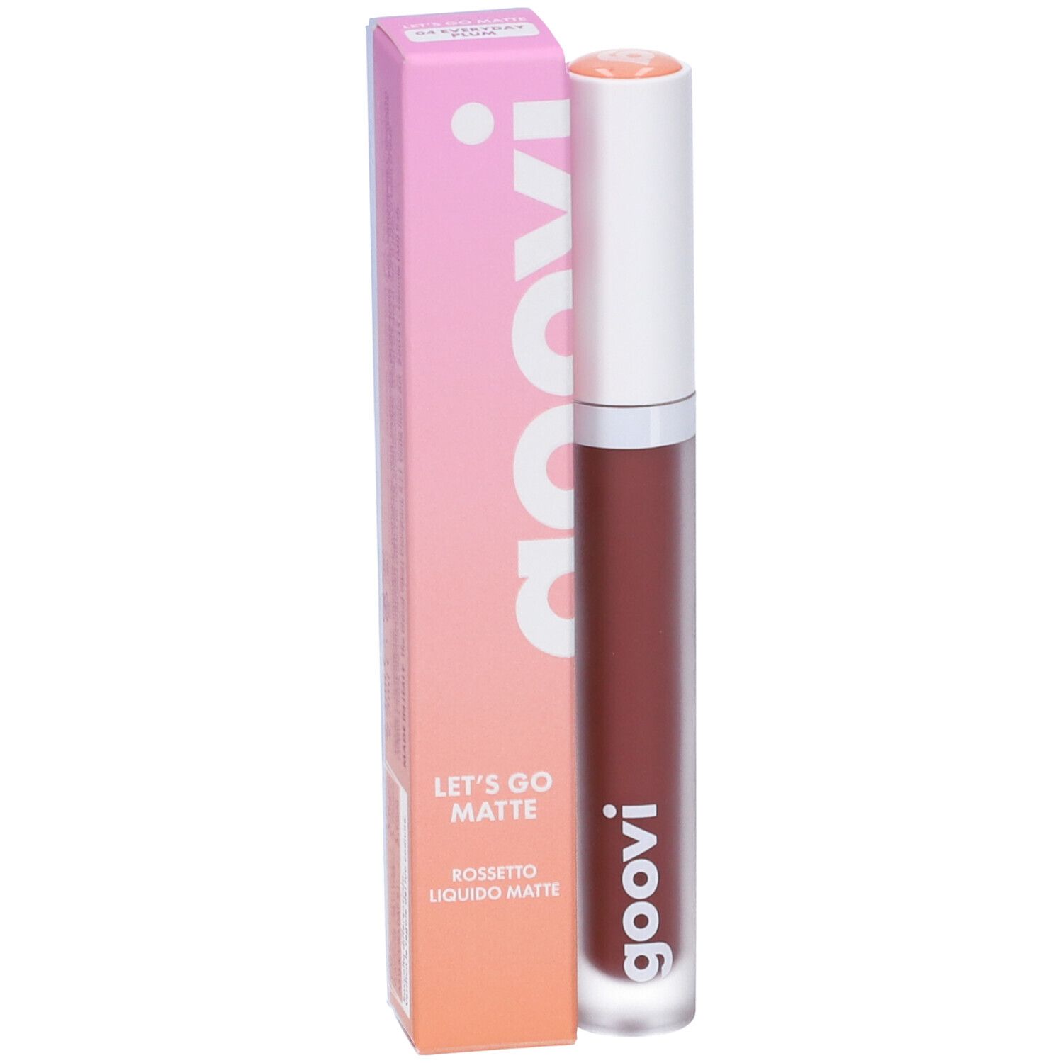 Goovi flüssiger Lippenstift in einem transparenten Behälter mit weißem Deckel. Rosa Kartonverpackung mit Schriftzug.