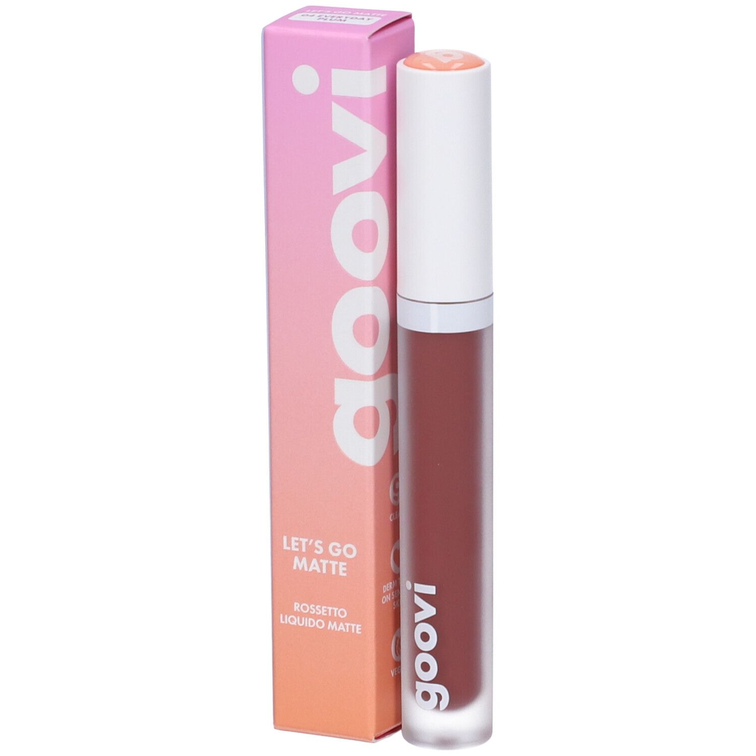 Goovi flüssiger Lippenstift in matter Textur, rosafarbene Verpackung mit Schriftzug 'Let's Go Matte'.