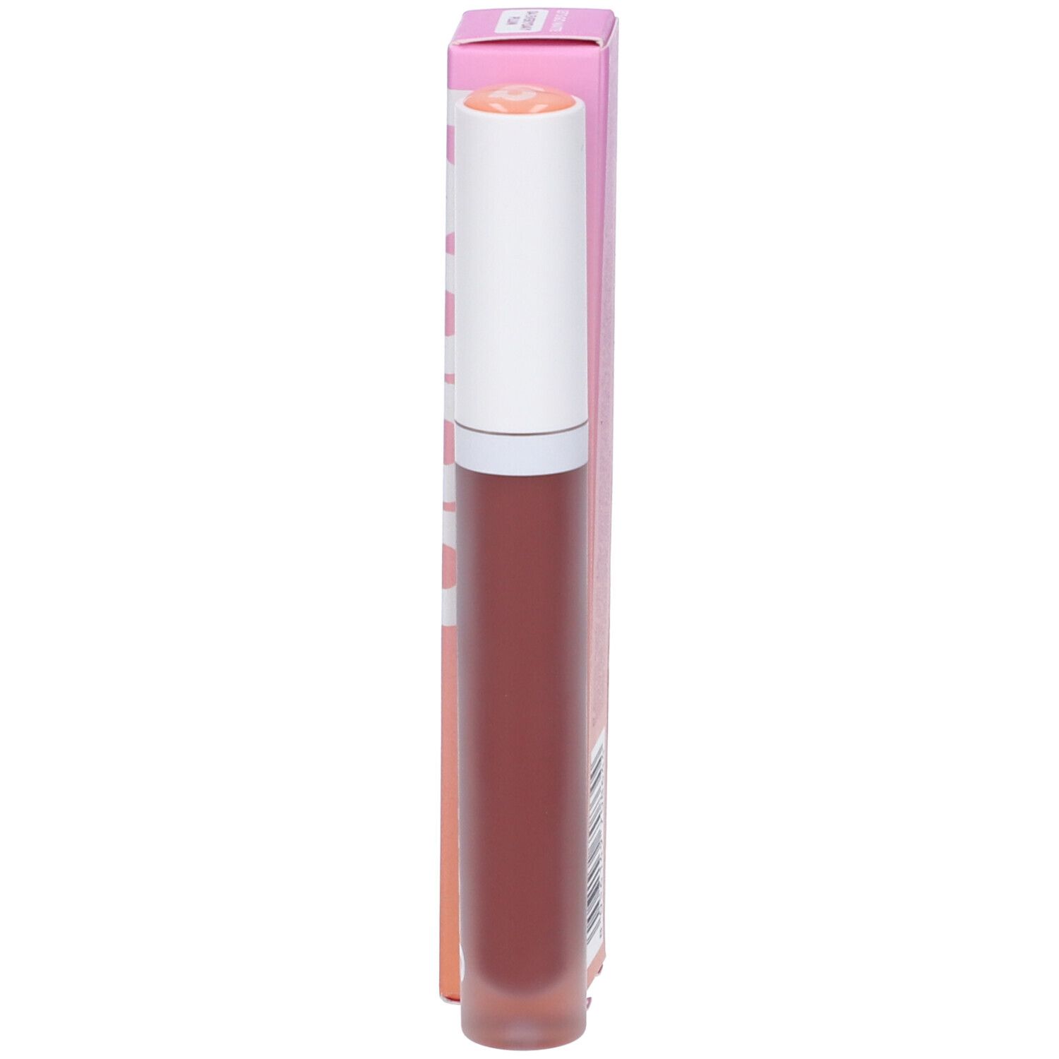 Ein flüssiger Lippenstift in einem durchsichtigen Behälter mit weißem Deckel und einer braunen Kappe. Die Verpackung ist rosa.