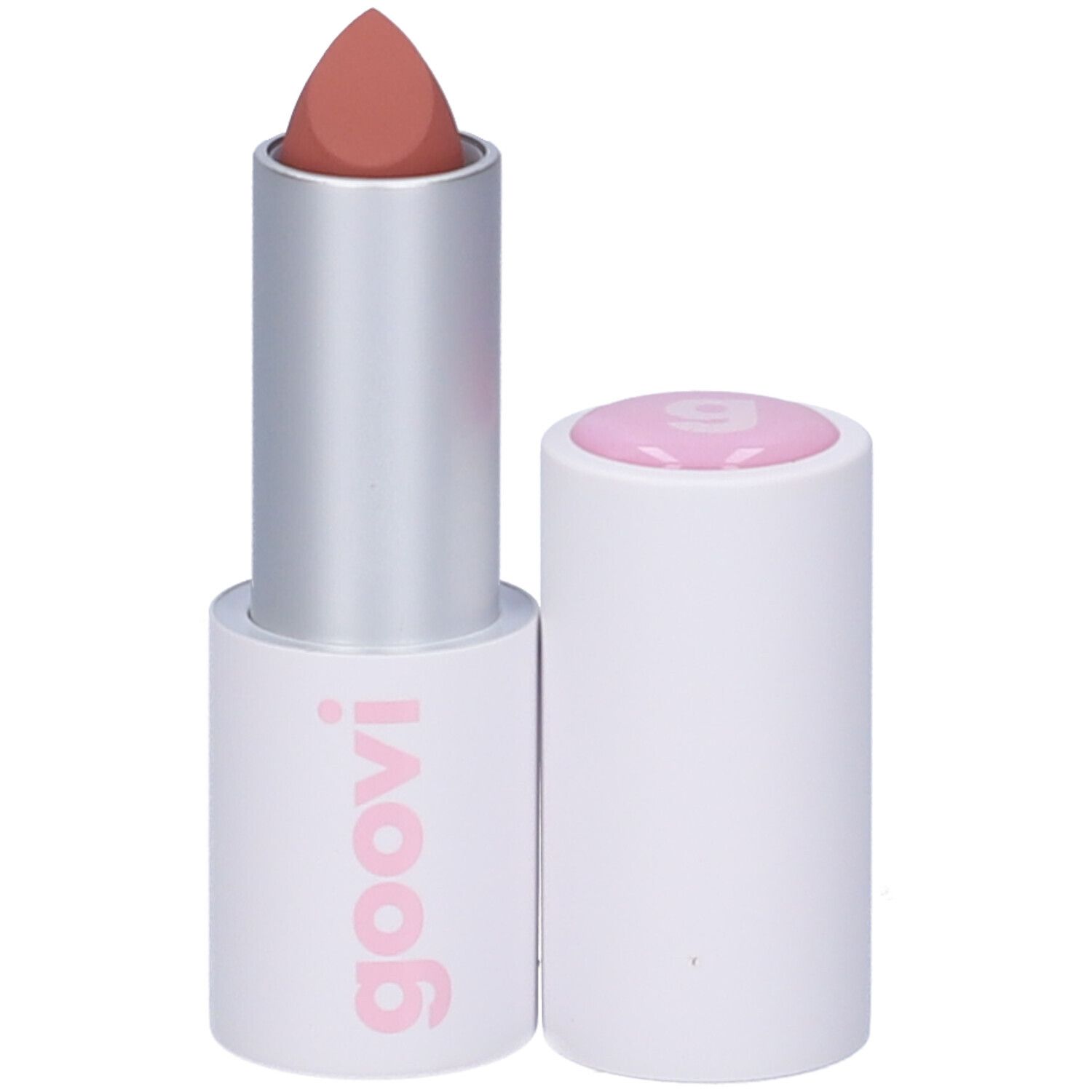 Rossetto con cappuccio aperto. Stick bianco con rossetto rosa. Il rossetto è marrone chiaro.