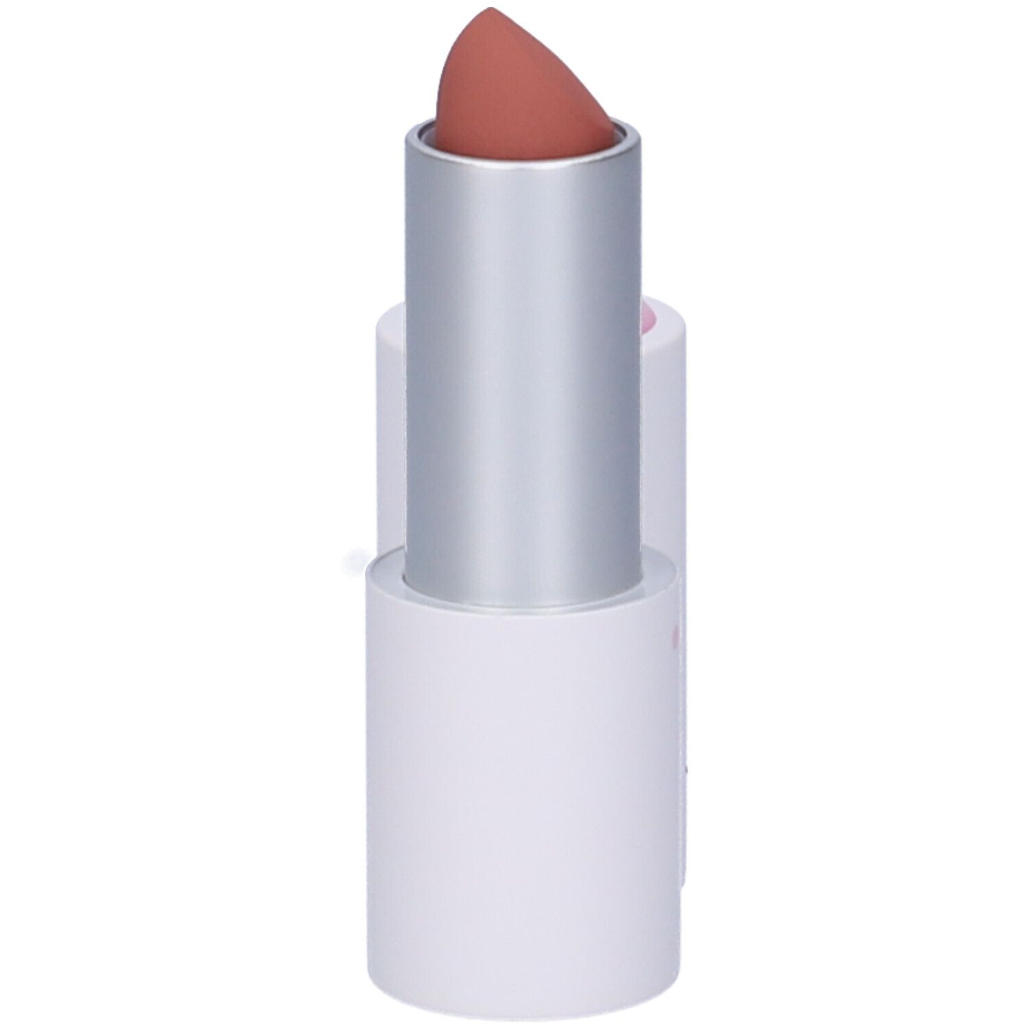 Rossetto con cappuccio aperto. Stick bianco con rossetto rosa. Il rossetto è marrone chiaro.
