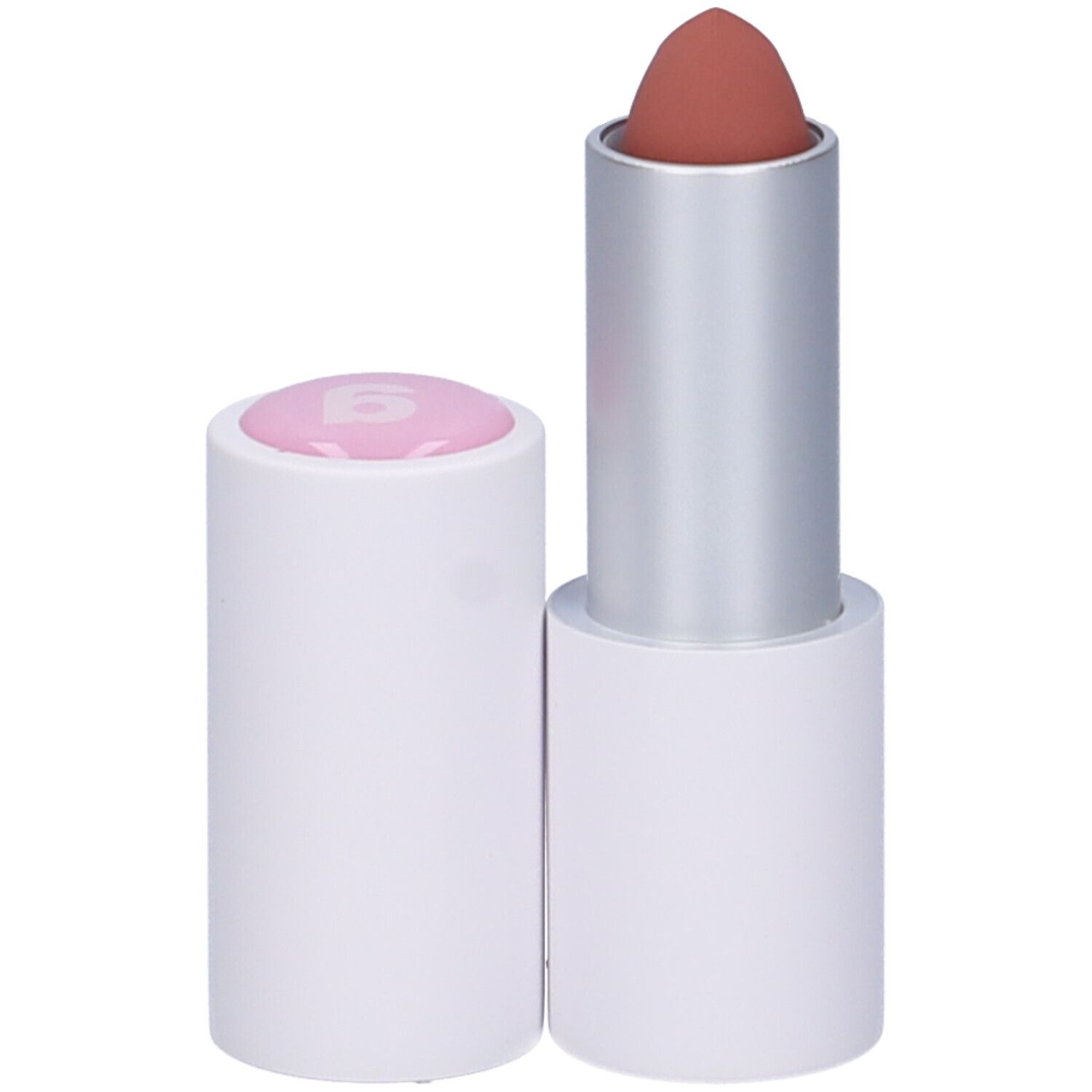 Rossetto con cappuccio aperto. Stick bianco con rossetto rosa. Il rossetto è marrone chiaro.