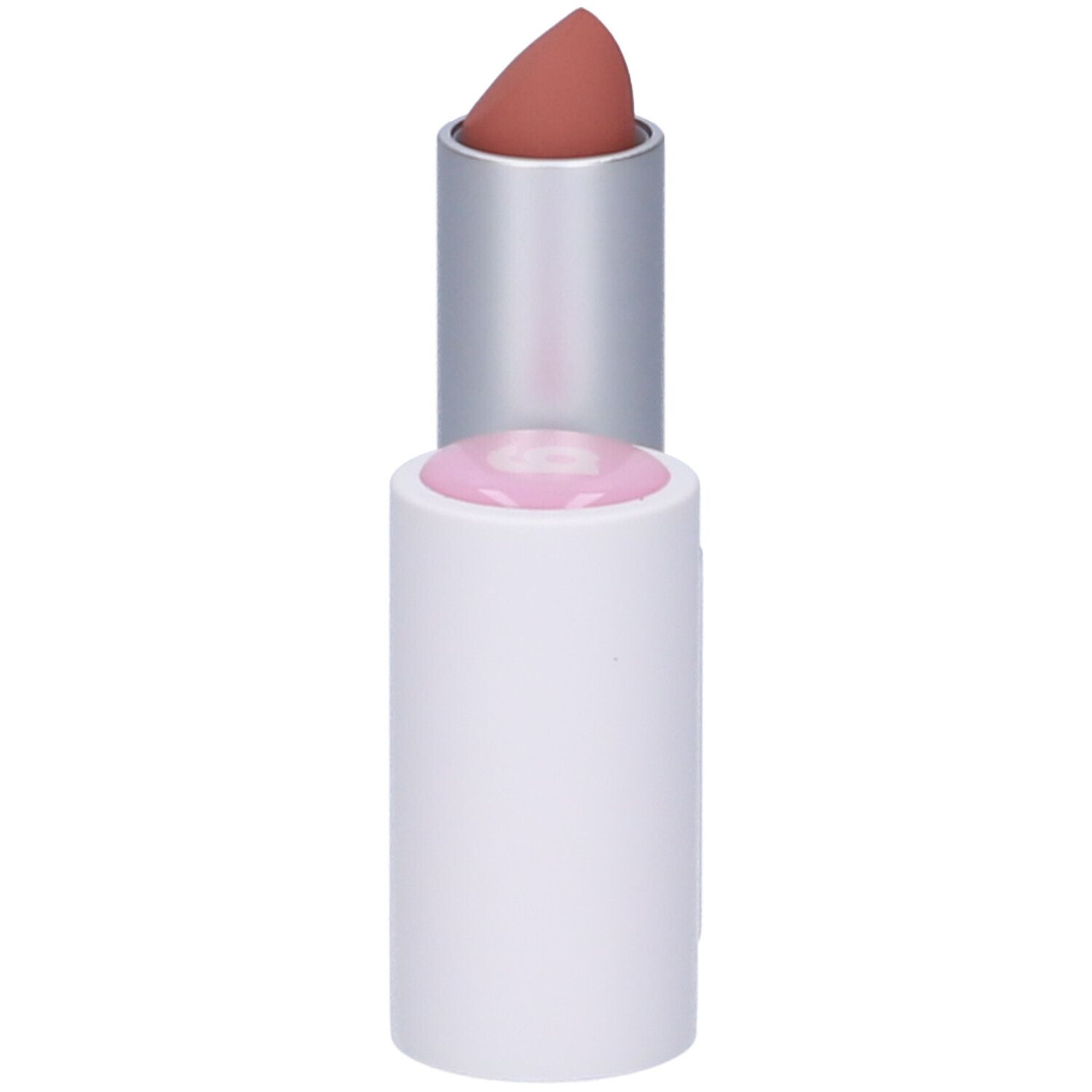 Rossetto con cappuccio aperto. Stick bianco con rossetto rosa. Il rossetto è marrone chiaro.