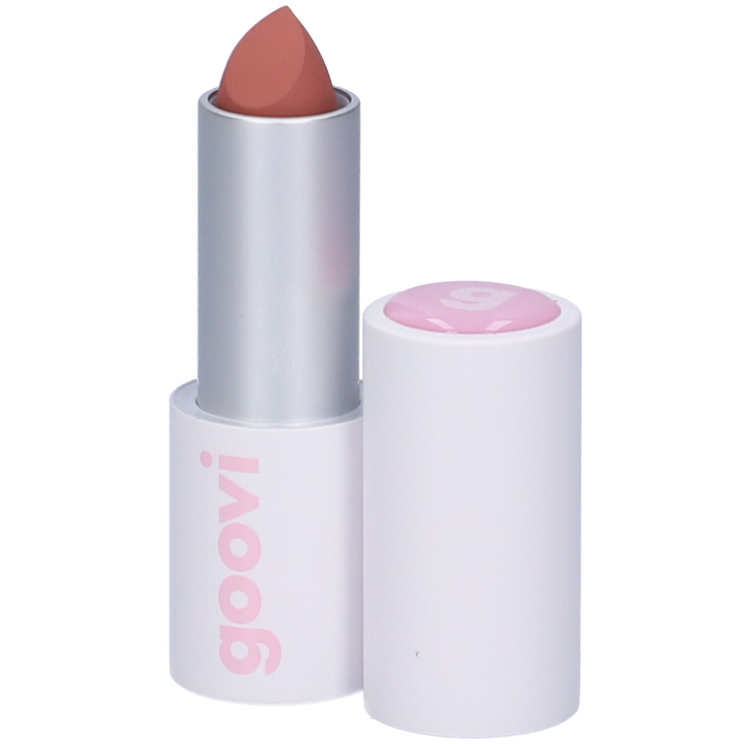 Rossetto con cappuccio aperto. Stick bianco con rossetto rosa. Il rossetto è marrone chiaro. Logo Goovi.