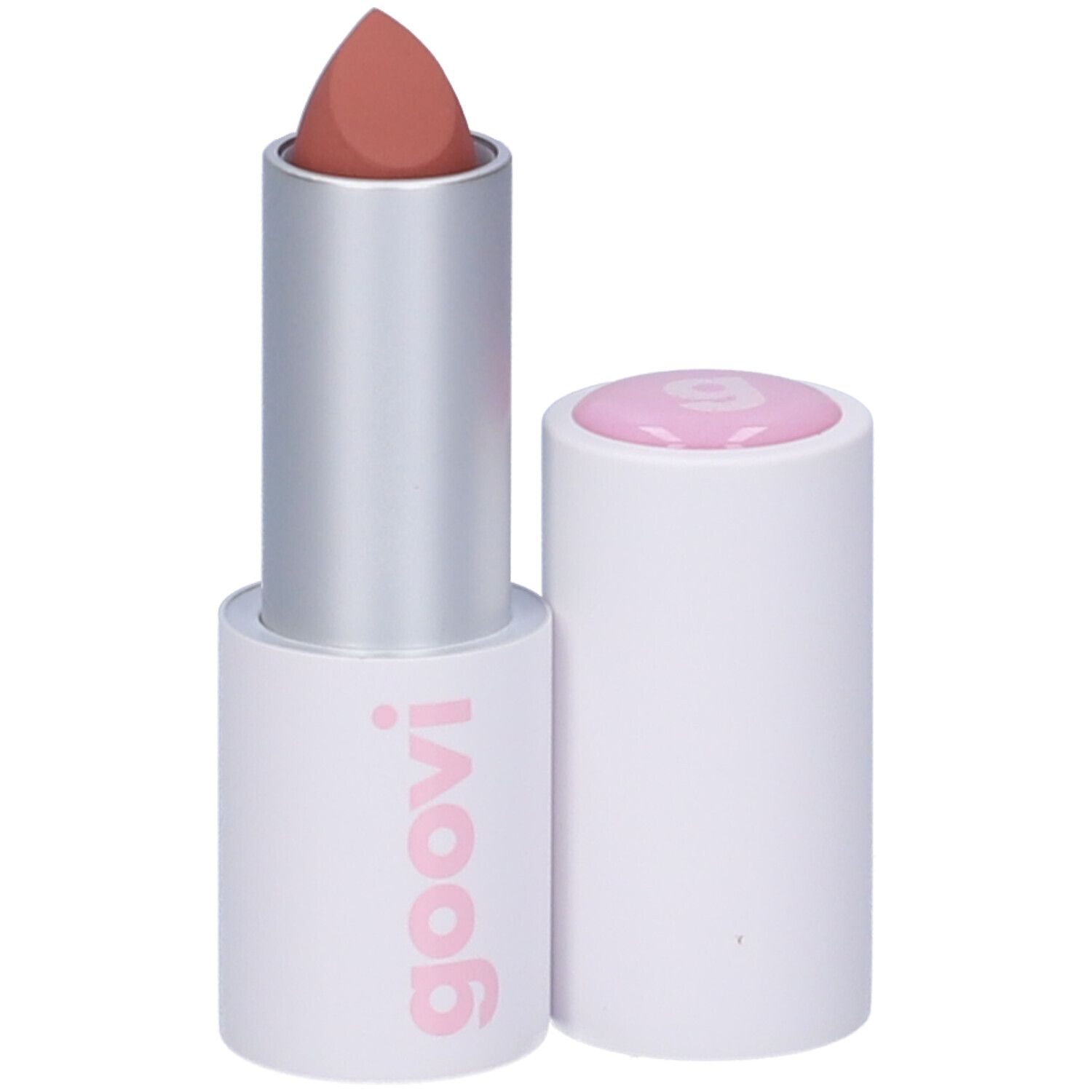 Rossetto con cappuccio aperto. Stick bianco con rossetto rosa. Il rossetto è marrone chiaro. Logo Goovi.