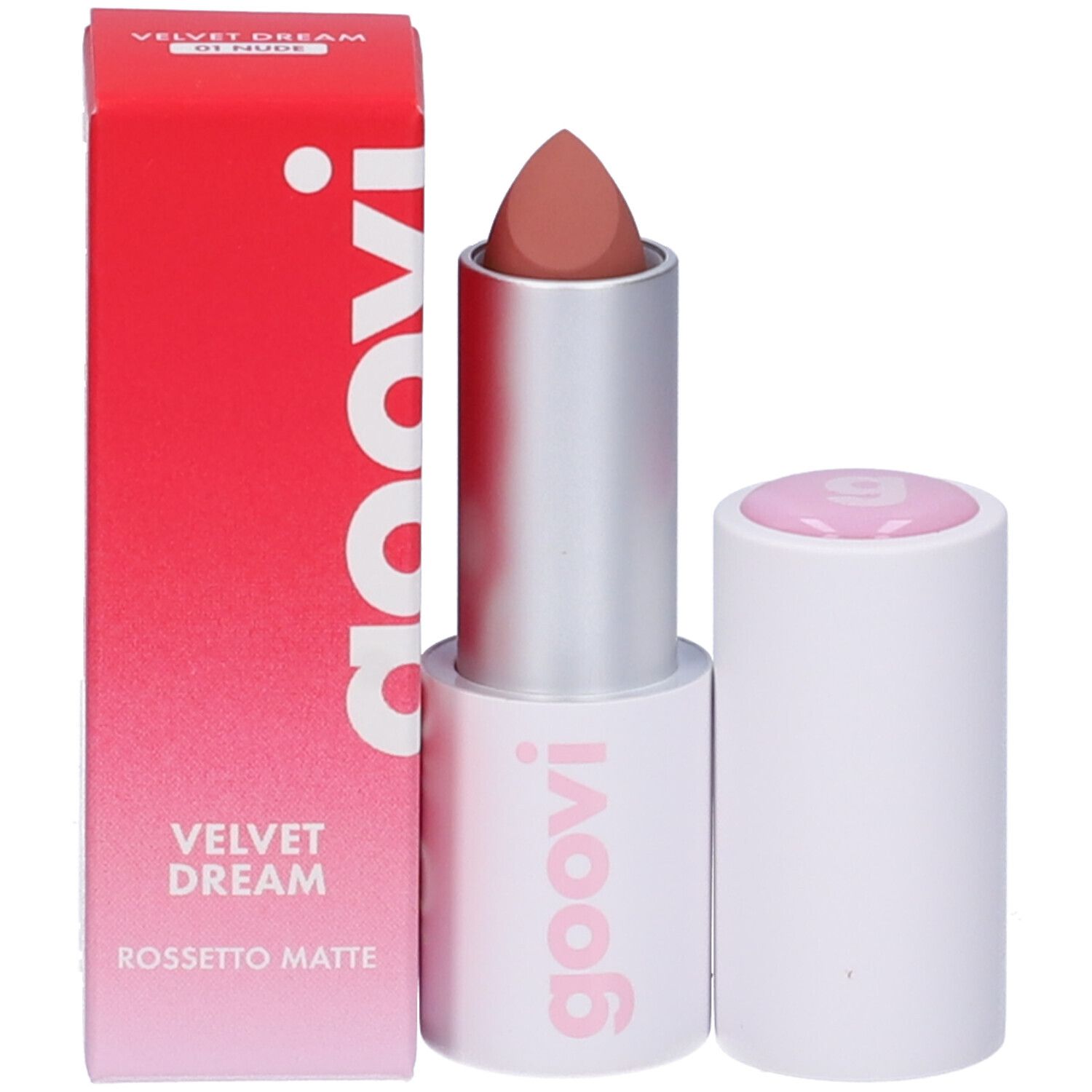 Rossetto aperto e confezione. Confezione rossa con logo Goovi bianco. Rossetto marrone chiaro.