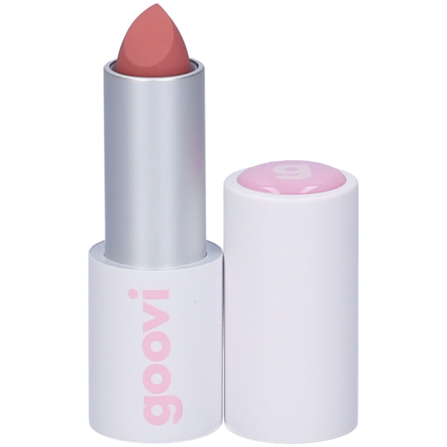 Rossetto rosa chiaro, corpo argento e base bianca con scritta rosa. Tappo separato.