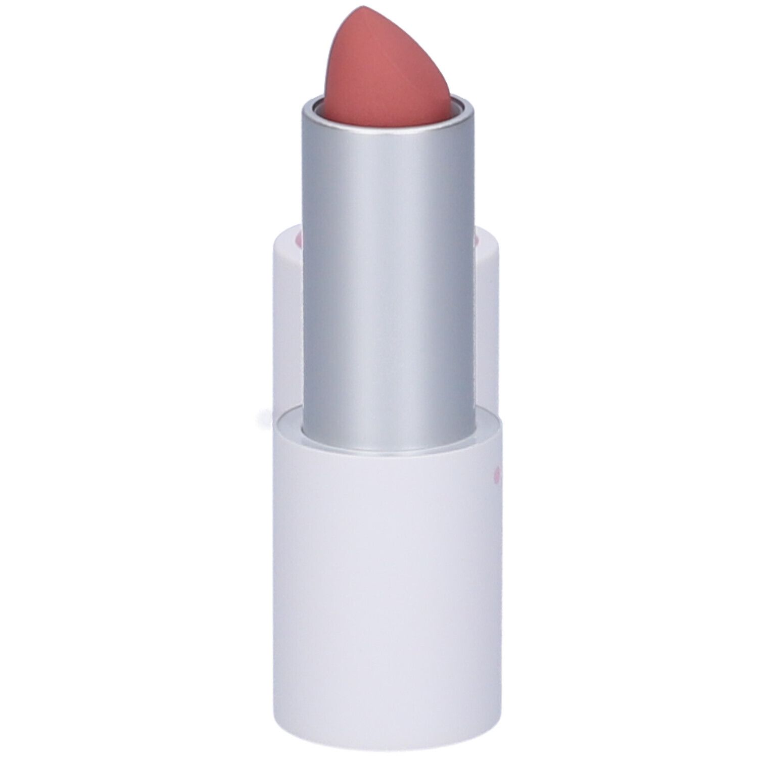 Rossetto rosa chiaro, corpo argento e base bianca. Tappo separato.
