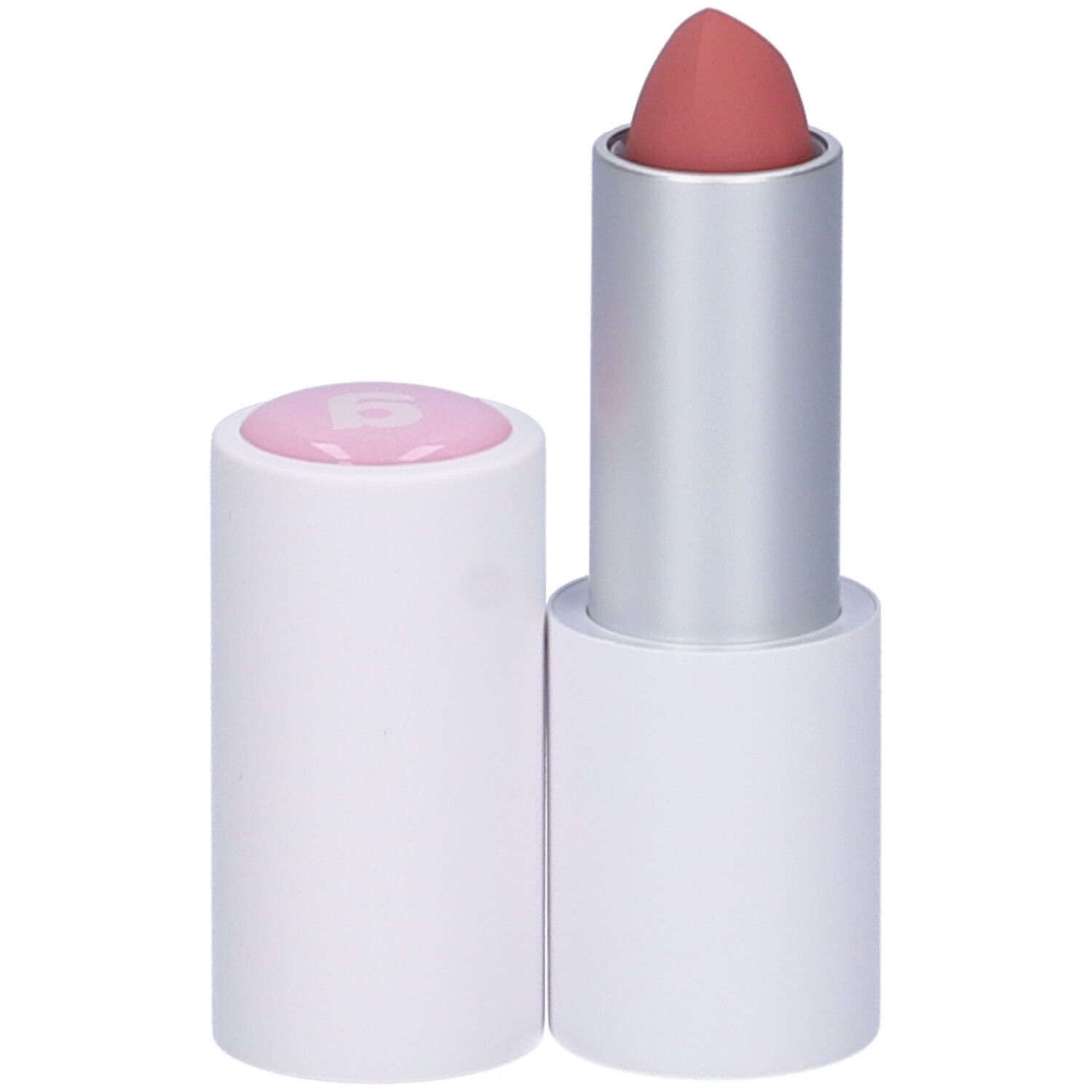 Rossetto rosa chiaro, corpo argento e base bianca. Tappo separato.