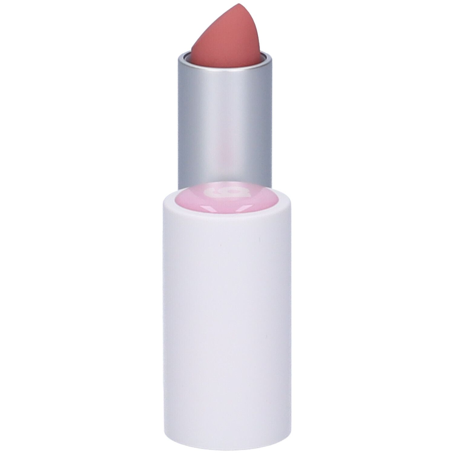 Rossetto rosa chiaro, corpo argento e base bianca. Tappo separato.