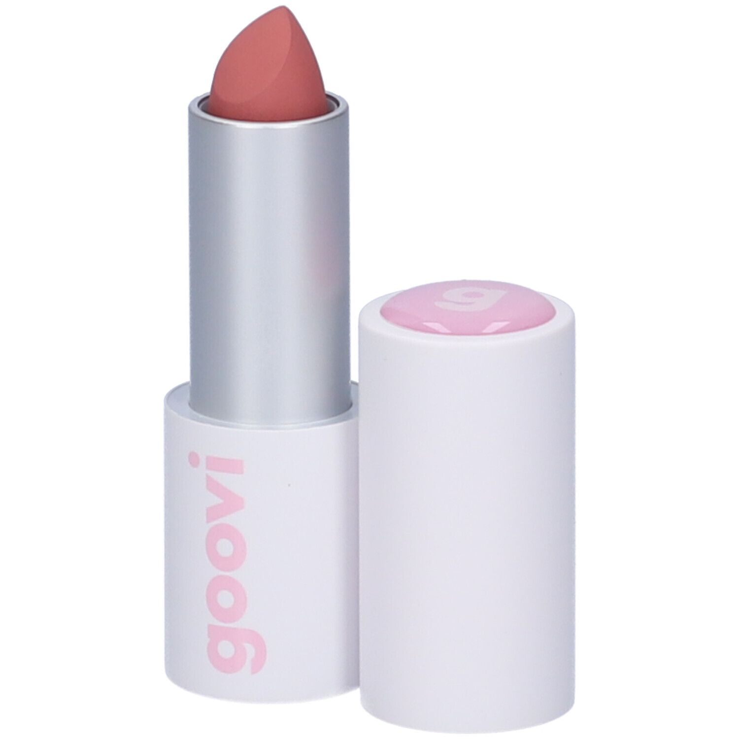 Rossetto rosa chiaro, corpo argento e base bianca con scritta rosa. Tappo separato.