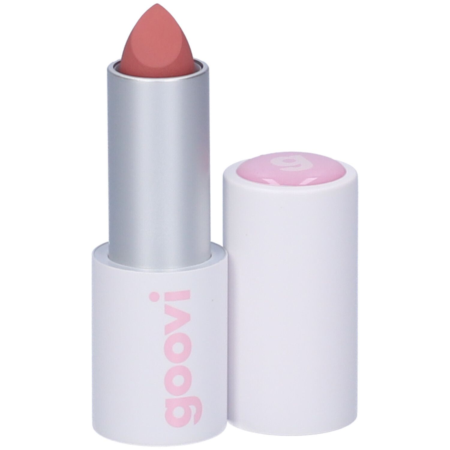 Rossetto rosa chiaro, corpo argento e base bianca con scritta rosa. Tappo separato.