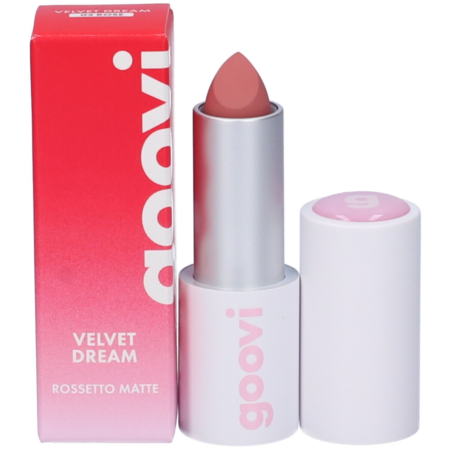 Rossetto rosa chiaro, corpo argento e base bianca con scritta rosa. Scatola rossa accanto.