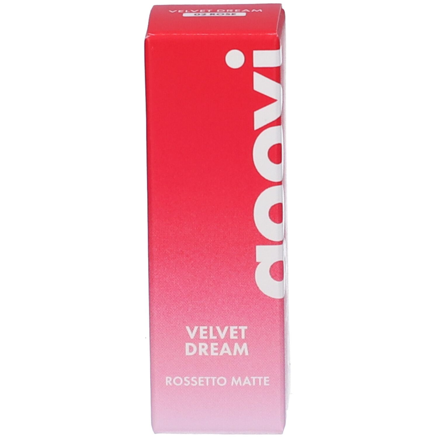 Scatola rossa con scritta bianca. Iscrizione: Velvet Dream Rossetto Matte.
