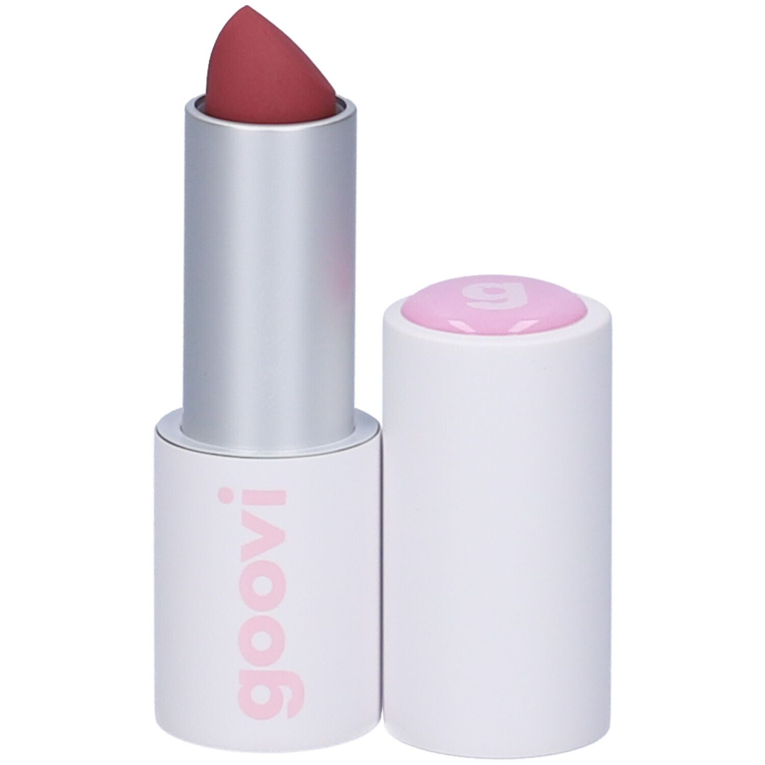 Rossetto con involucro bianco e punta rosata. Il cappuccio è rimosso.