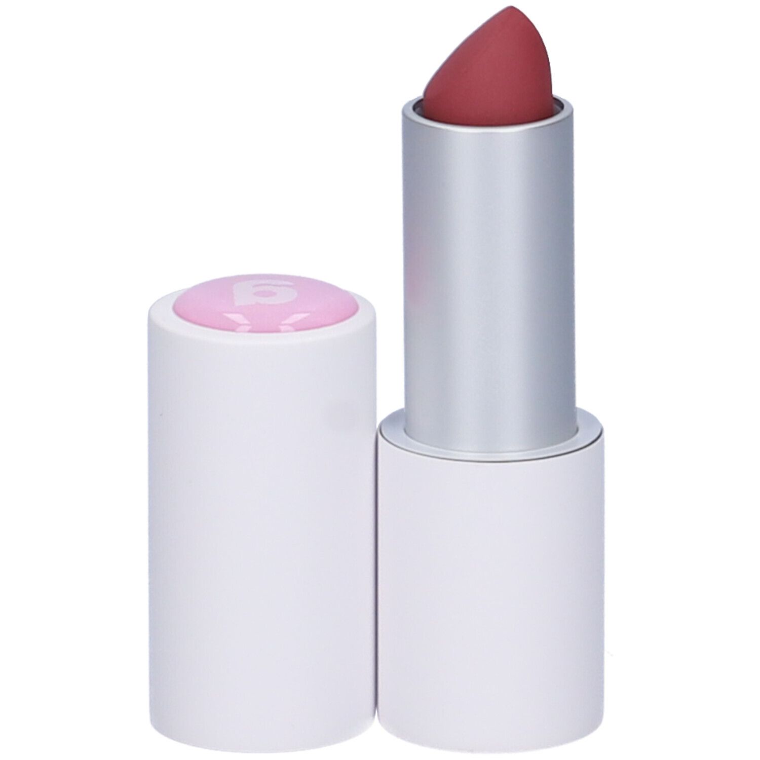 Rossetto con involucro bianco e punta rosata. Il cappuccio è rimosso.