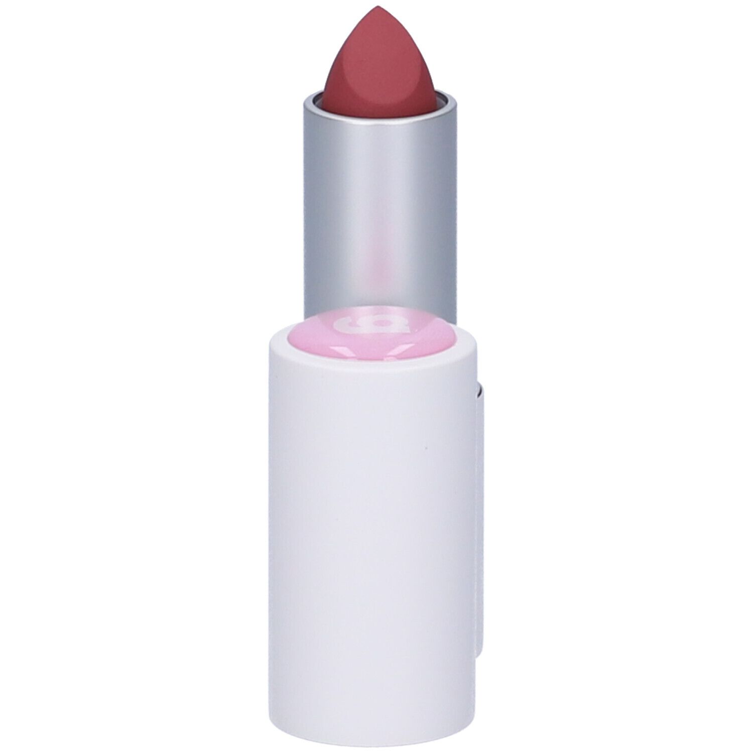 Rossetto con involucro bianco e punta rosata. Il cappuccio è rimosso.