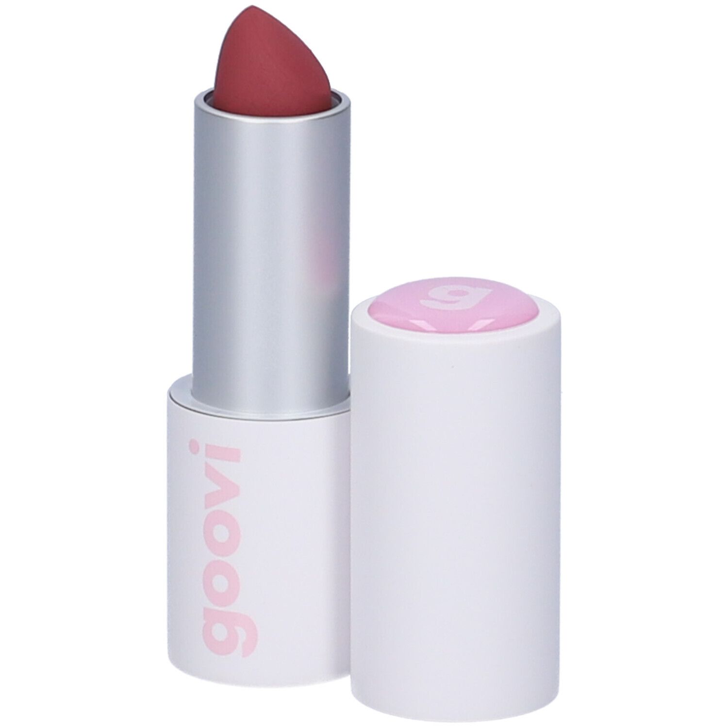 Rossetto con involucro bianco e punta rosata. Il cappuccio è rimosso.