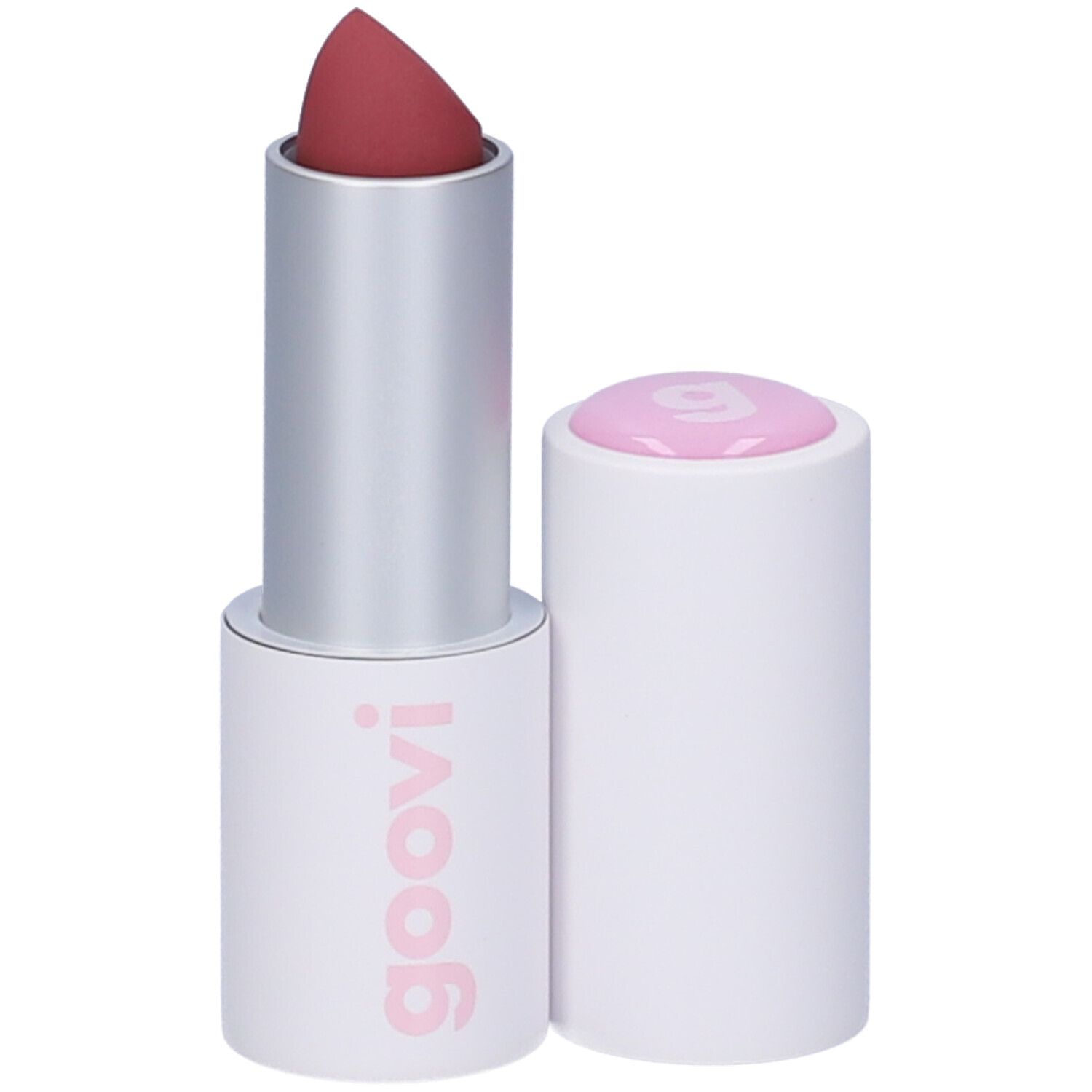 Rossetto con involucro bianco e punta rosata. Il cappuccio è rimosso.
