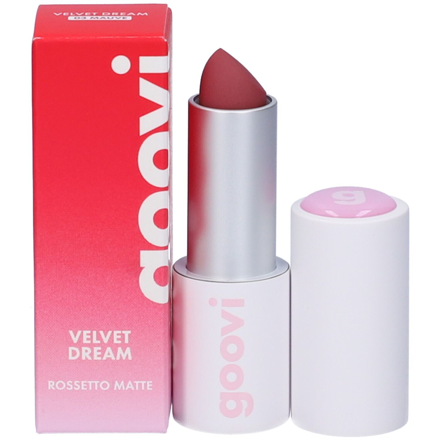Rossetto con involucro bianco e punta rosata. Accanto, confezione rossa.