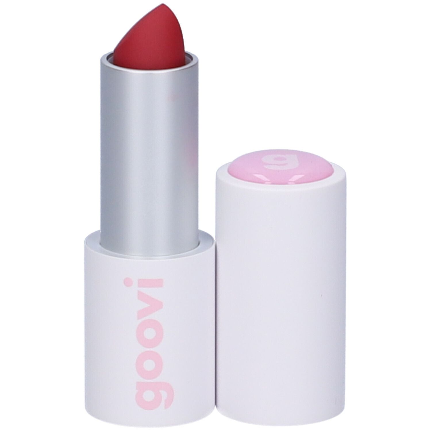 Rossetto rosso in astuccio bianco. Il cappuccio è rimosso. Sulla base è scritto "goovi".