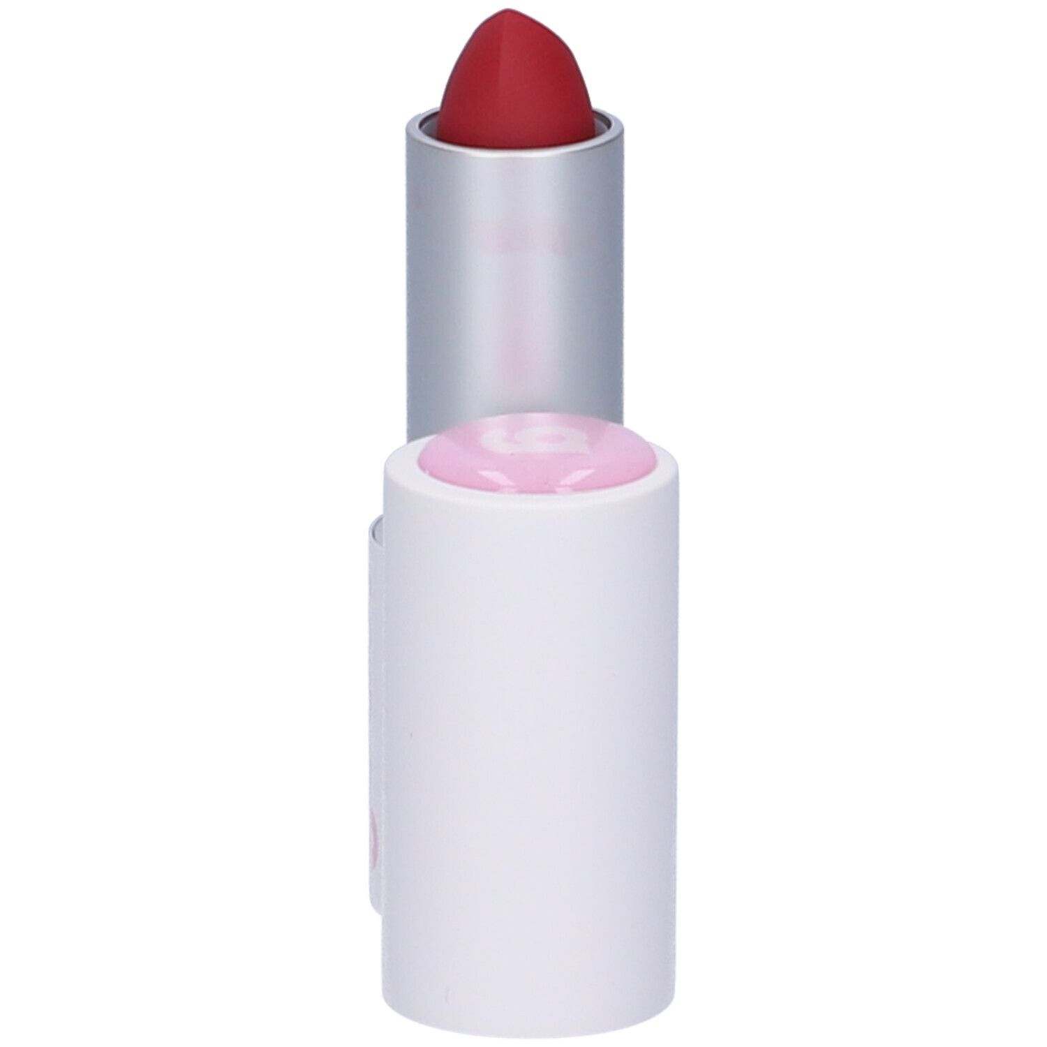 Rossetto rosso in astuccio bianco. Il cappuccio è rimosso. Il cappuccio è rosa.