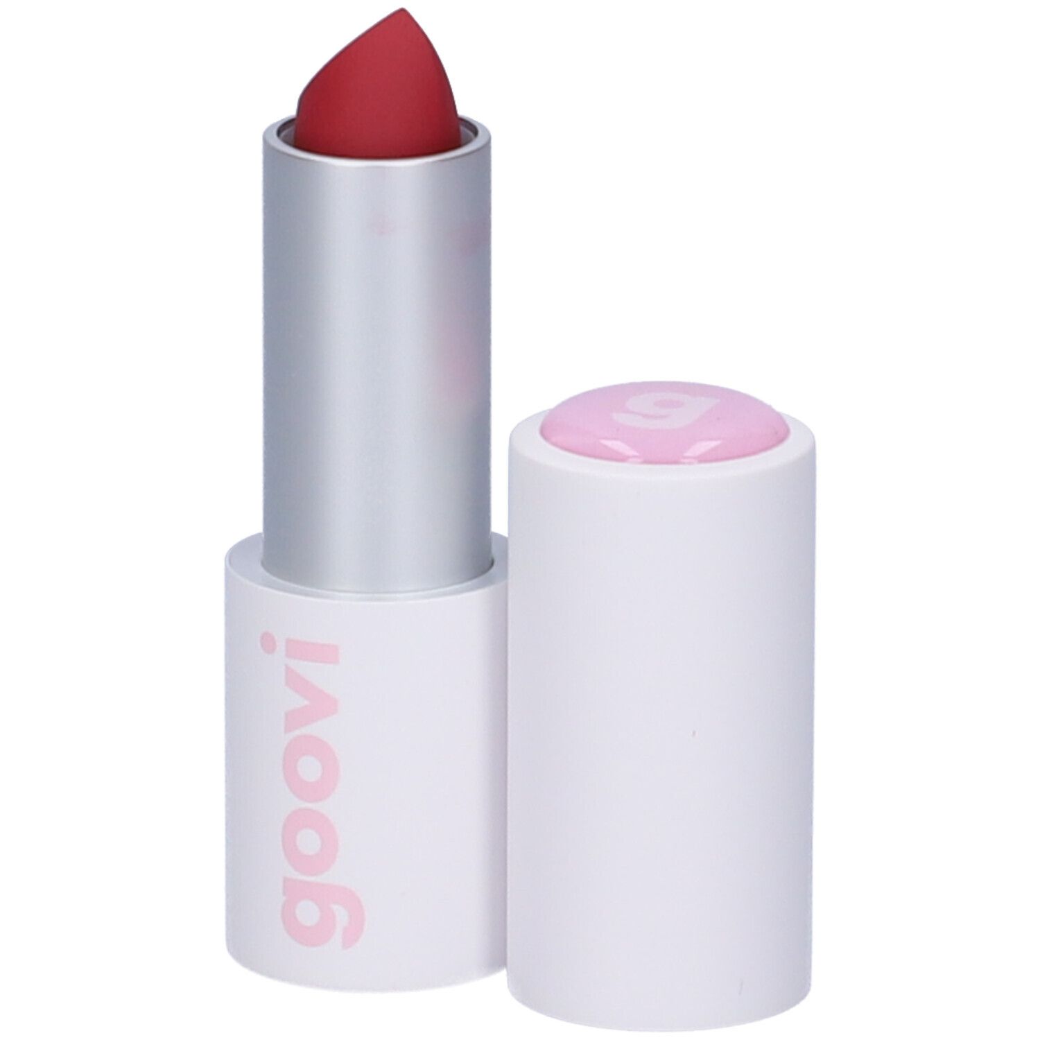 Rossetto rosso in astuccio bianco. Il cappuccio è rimosso. Sulla base è scritto "goovi".