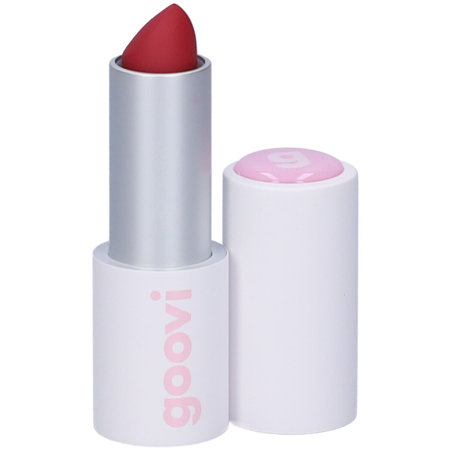 Rossetto rosso in astuccio bianco. Il cappuccio è rimosso. Sulla base è scritto "goovi".