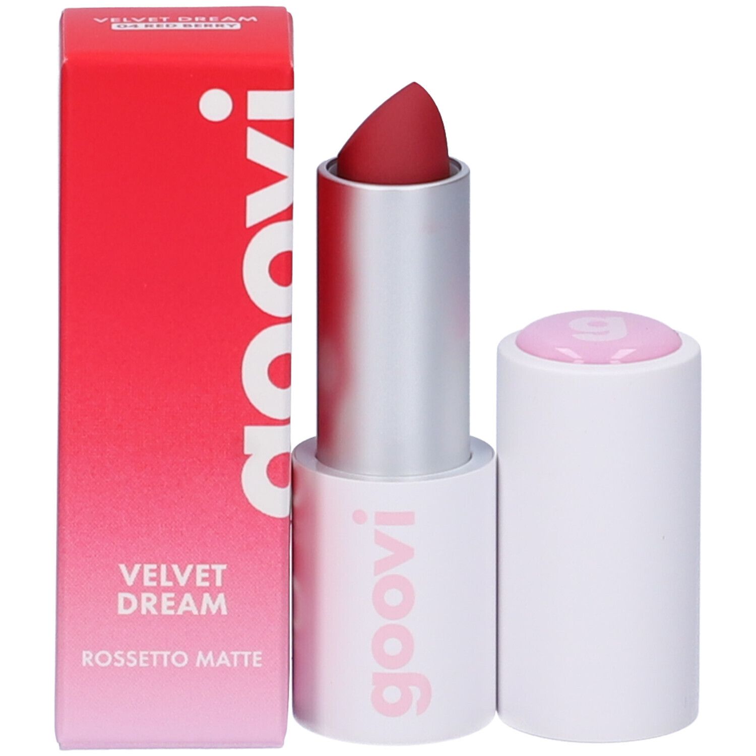 Rossetto rosso e confezione. Sulla confezione c'è scritto "goovi", "Velvet Dream" e "Rossetto Matte".