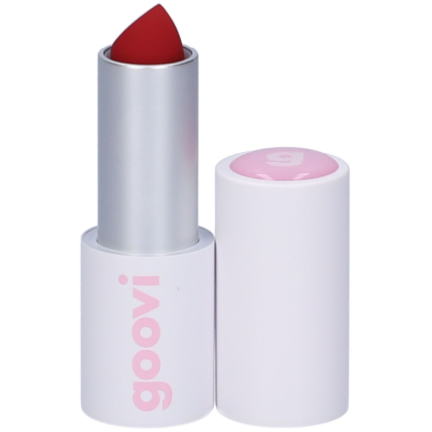 Roter Lippenstift in weißer Hülse mit silbernem Mittelteil. Deckel daneben. Marke: Goovi.