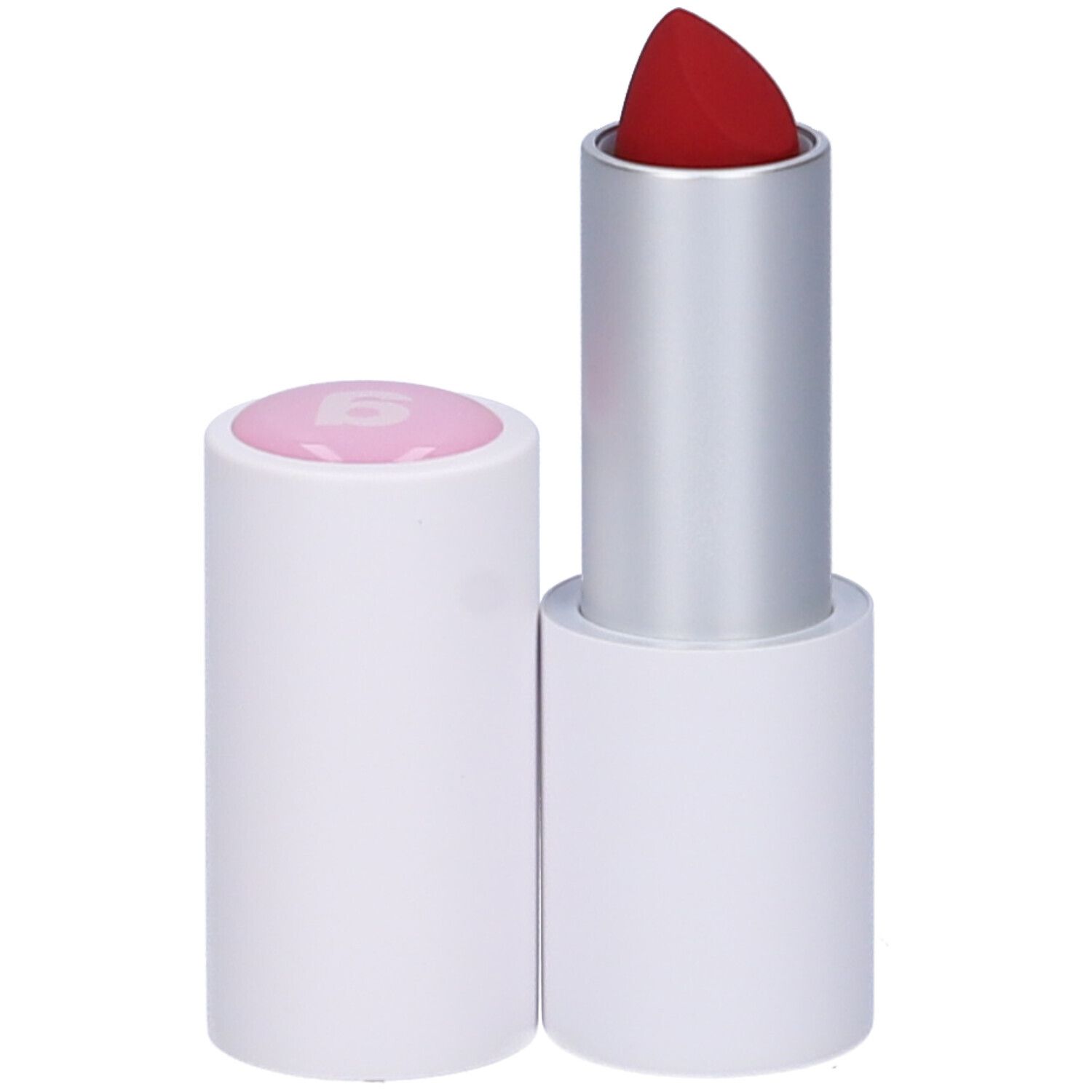 Roter Lippenstift in weißer Hülse mit silbernem Mittelteil. Deckel daneben. Marke: Goovi.
