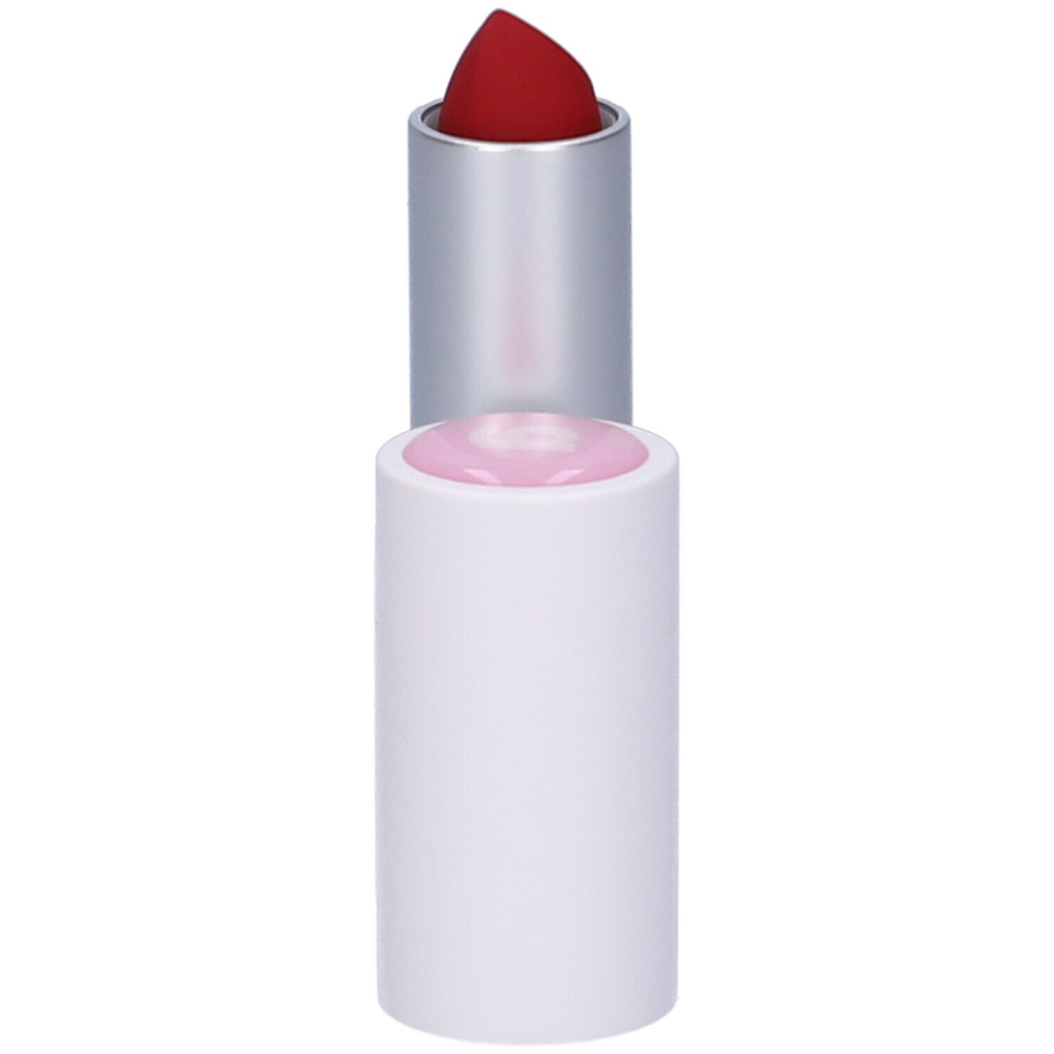 Roter Lippenstift in weißer Hülse mit silbernem Mittelteil. Deckel daneben. Marke: Goovi.