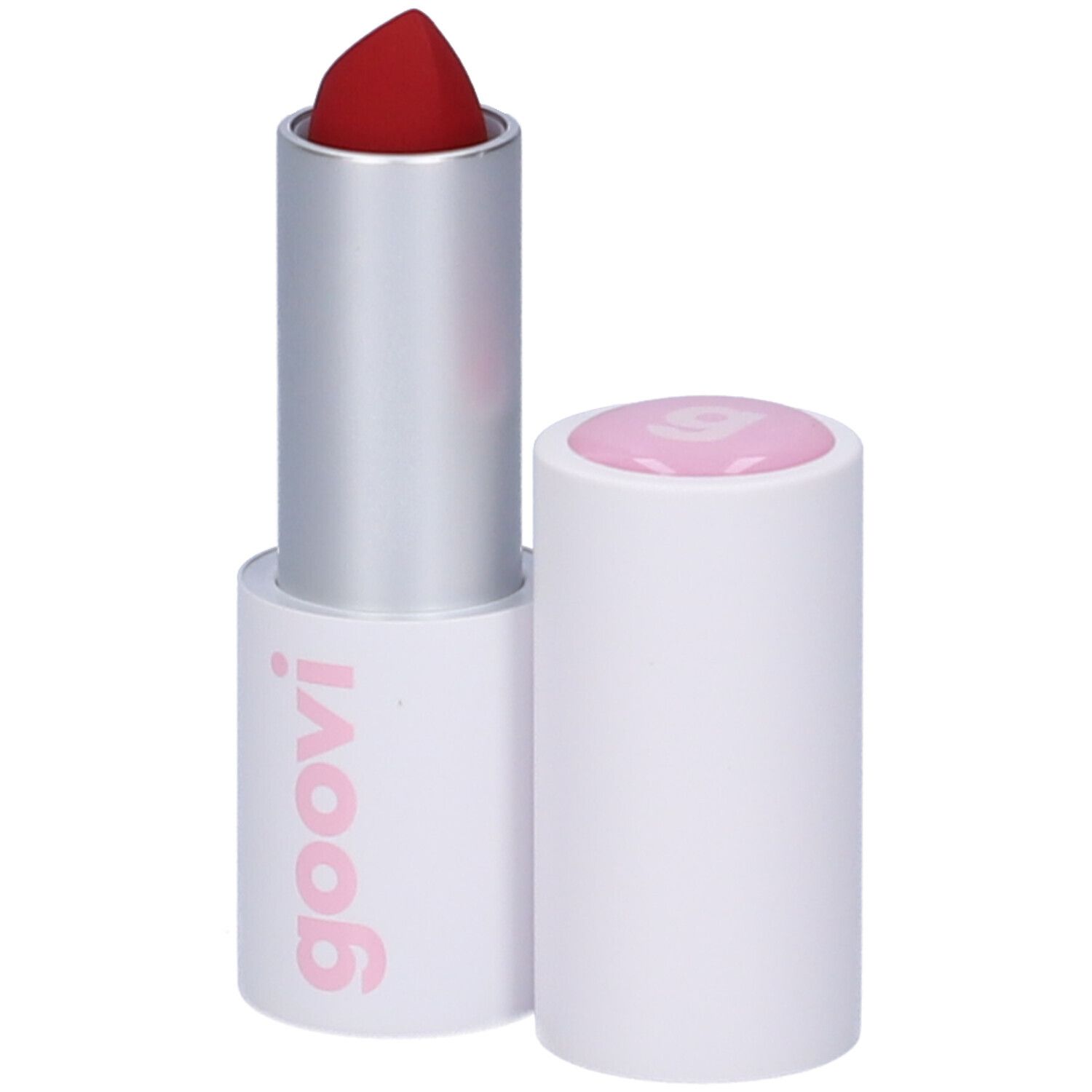 Roter Lippenstift in weißer Hülse mit silbernem Mittelteil. Deckel daneben. Marke: Goovi.