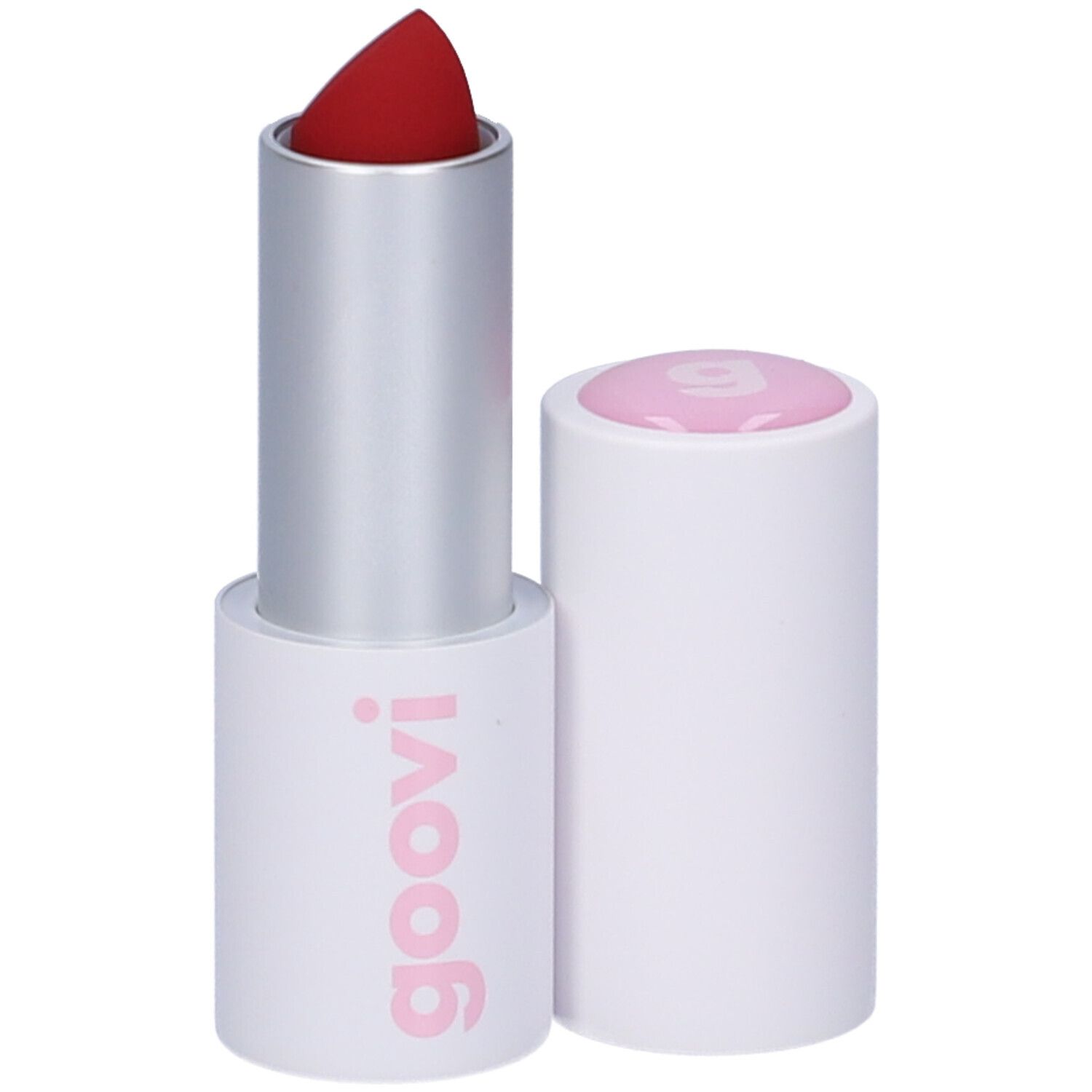 Roter Lippenstift in weißer Hülse mit silbernem Mittelteil. Deckel daneben. Marke: Goovi.