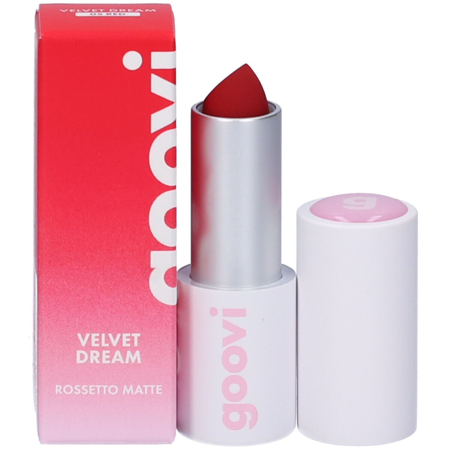 Roter Lippenstift in weißer Hülse mit silbernem Mittelteil. Daneben eine rote Verpackung mit Text: Goovi Velvet Dream Rossetto Matte.
