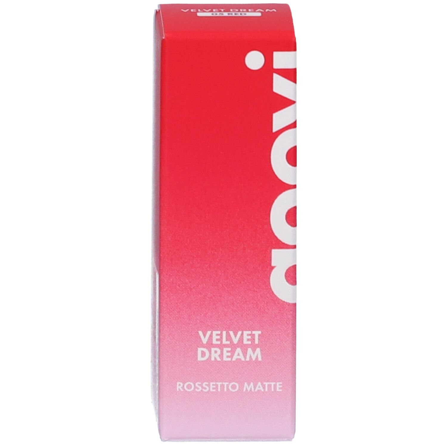 Rote Verpackung mit weißem Text: Goovi Velvet Dream Rossetto Matte.