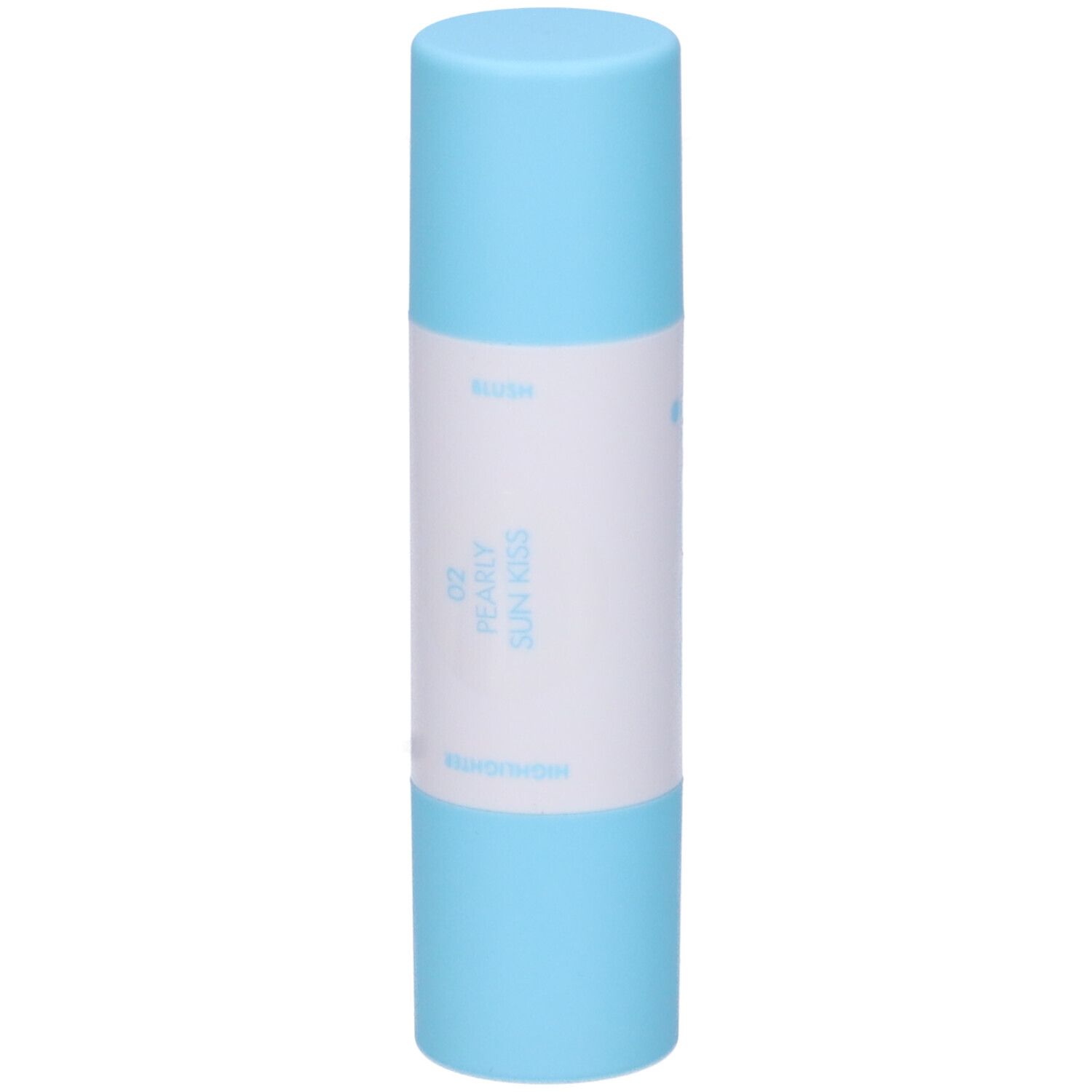 Duo stick blush e illuminante. Stick azzurro chiaro con etichetta bianca. Scritta: 02 Pearly Sun Kiss.