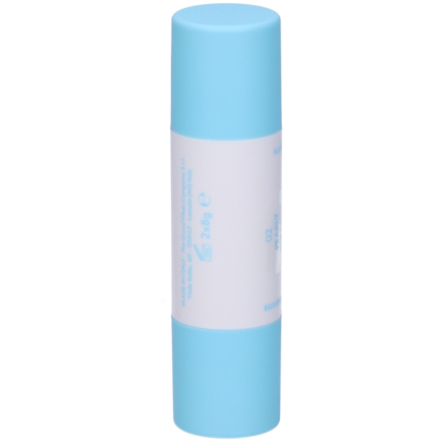 Duo stick blush e illuminante. Stick azzurro chiaro con etichetta bianca. Scritta: 2x8g e.