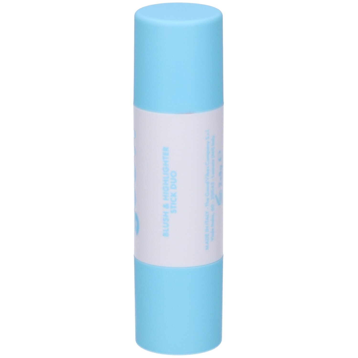 Duo stick blush e illuminante. Stick azzurro chiaro con etichetta bianca. Scritta: Blush & Highlighter Stick Duo.