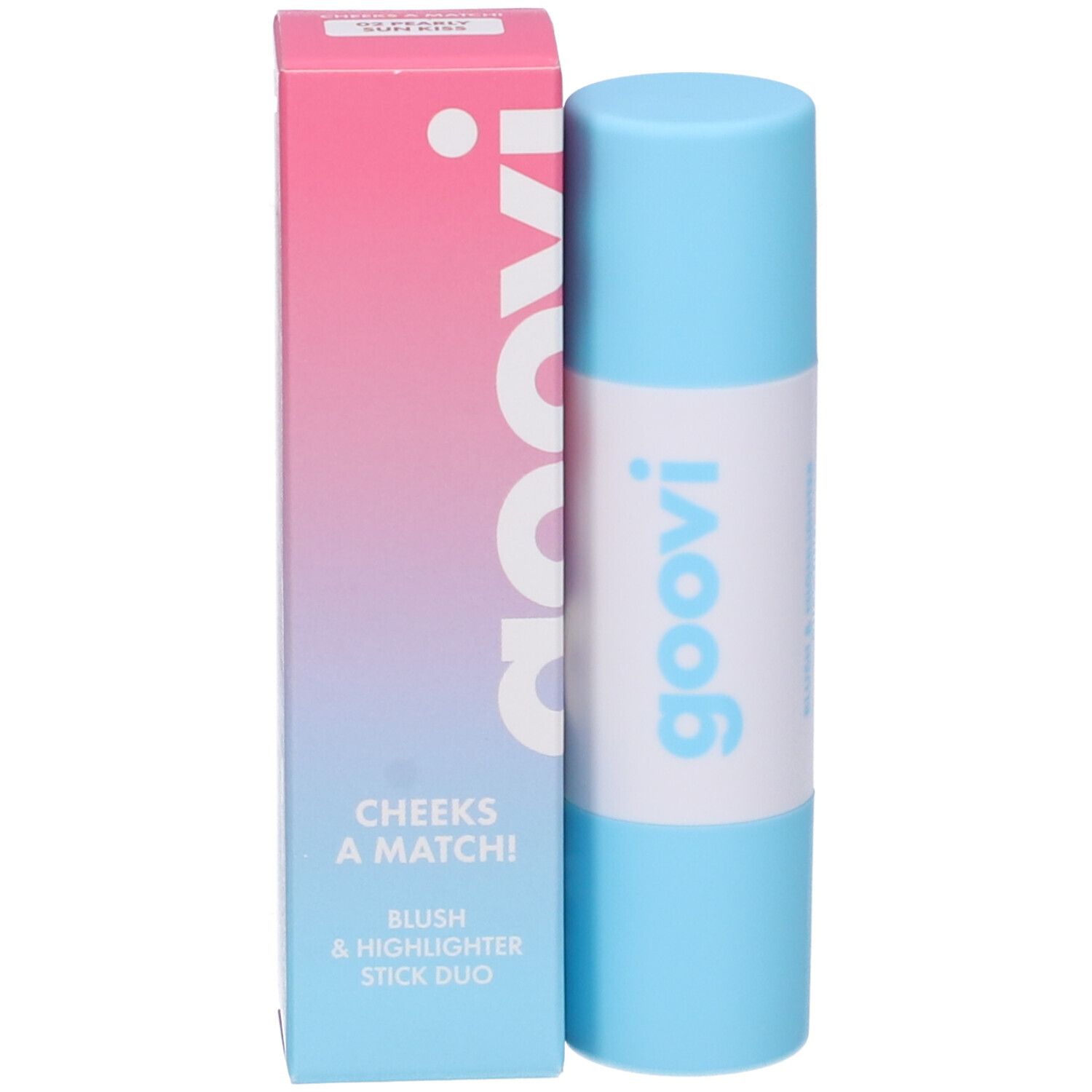 Duo stick blush e illuminante. Stick azzurro chiaro accanto a una confezione. Confezione con logo Goovi e nome del prodotto.
